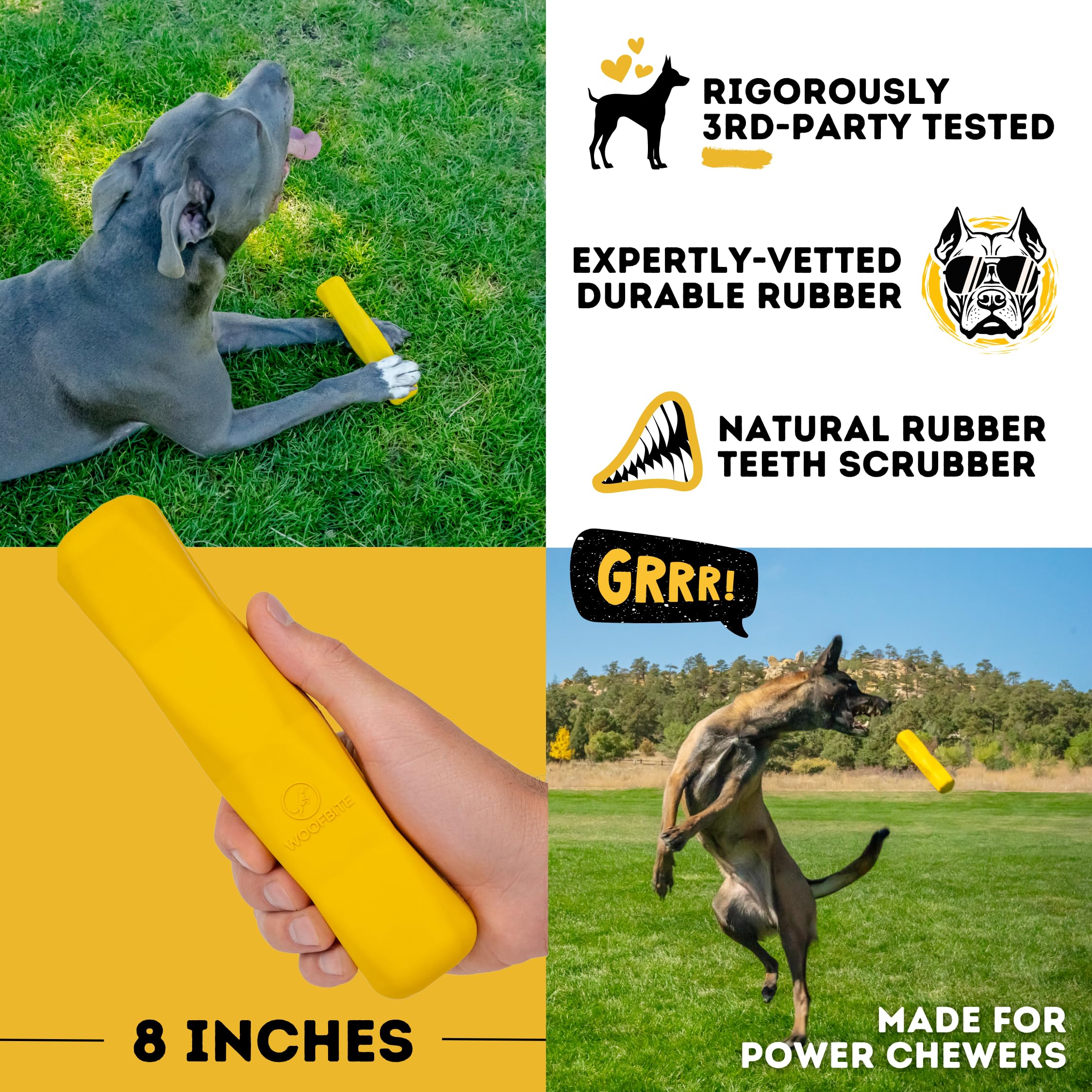 WoofBite Indestructible Chew Stick - Lifetime Replacement - Aggressive Chewers, Medium Large Breed - Non-Toxic Natural Rubber Do
