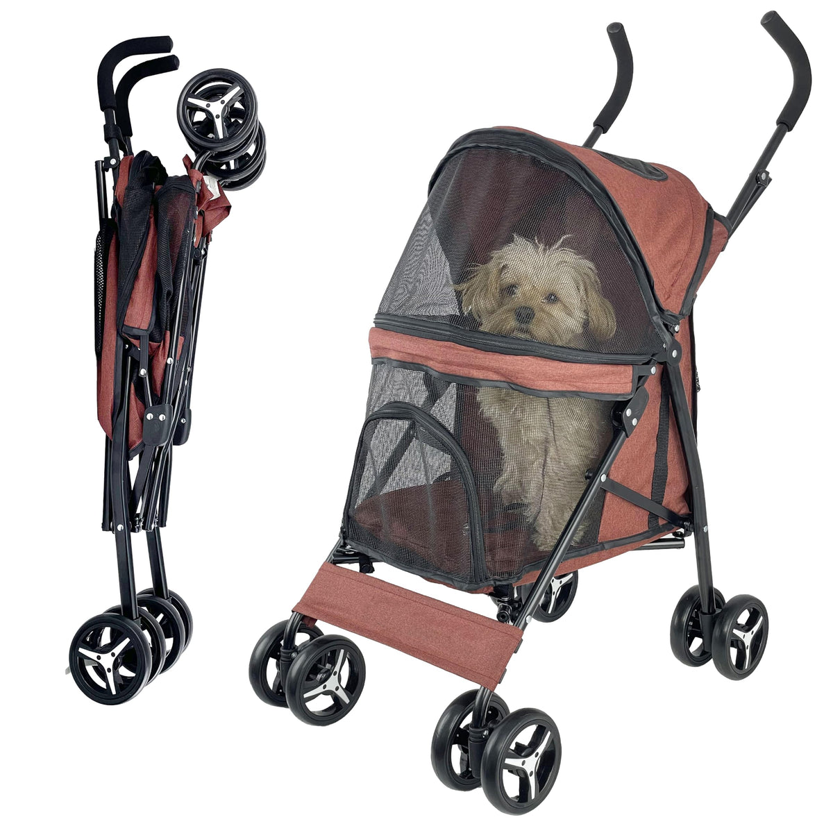 Htlpet Umbrella Shaped Lightweight 4 Wheel Dog Stroller For Medium Small Dogs, Portable Compact Pet Stroller With Breathable Mes
