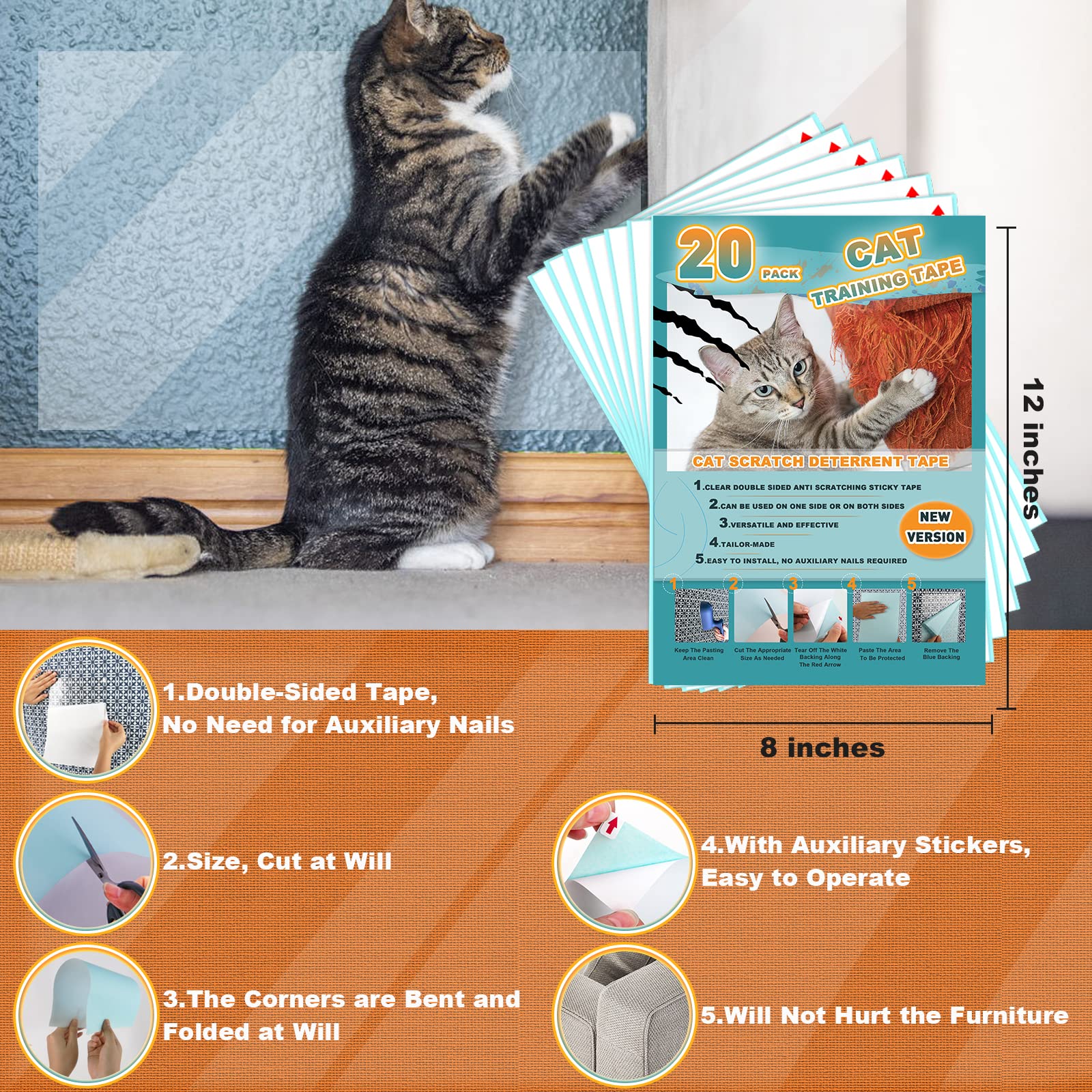 20Pack Cat Scratch Deterrent Tape, Cat Scratch Furniture Protector, Clear Double Sided Anti Scratching Sticky Tape Couch Protect