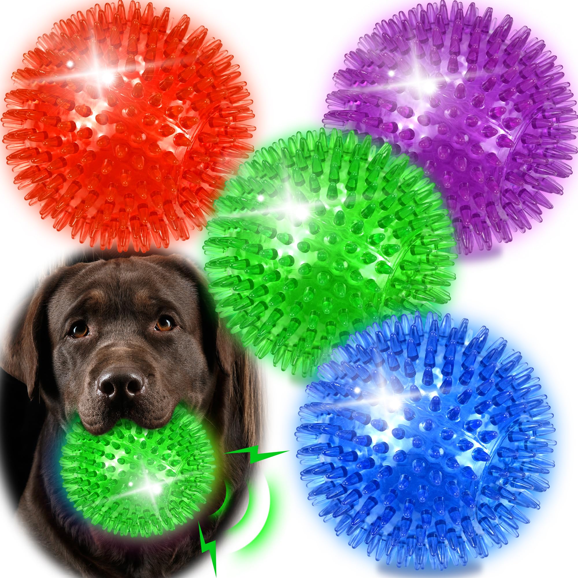 Ousiya 4 Pack 4.5'' Light Up Squeaky Dog Balls, Spiky Dog Toy Balls For Medium Large Dogs