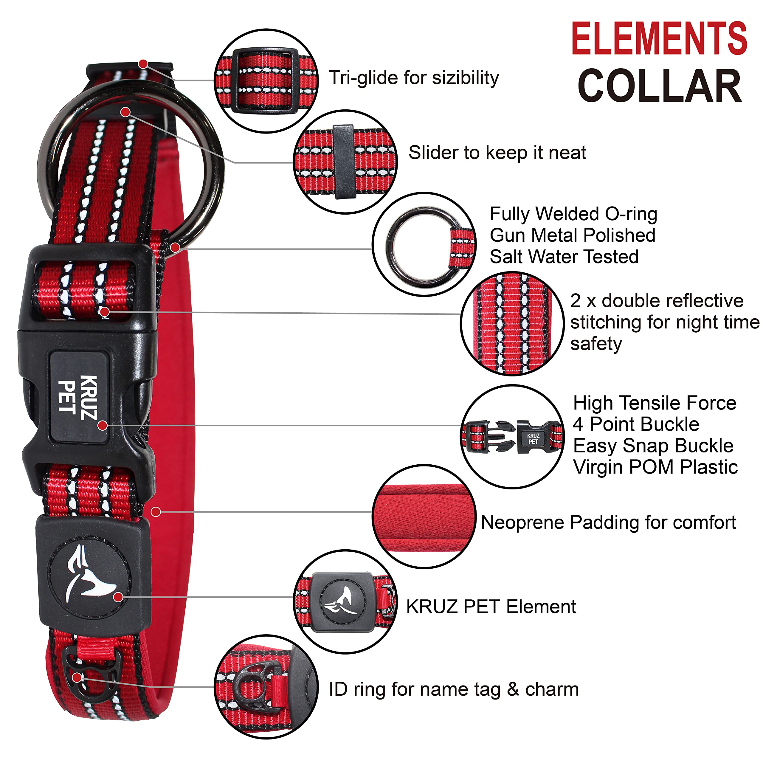 Kruz Pet Kzv006-15M Reflective Dog Collar For Small, Medium, Large Dogs, 100% Nylon Adjustable Pet Neck Collar, Heavy Duty O-Rin