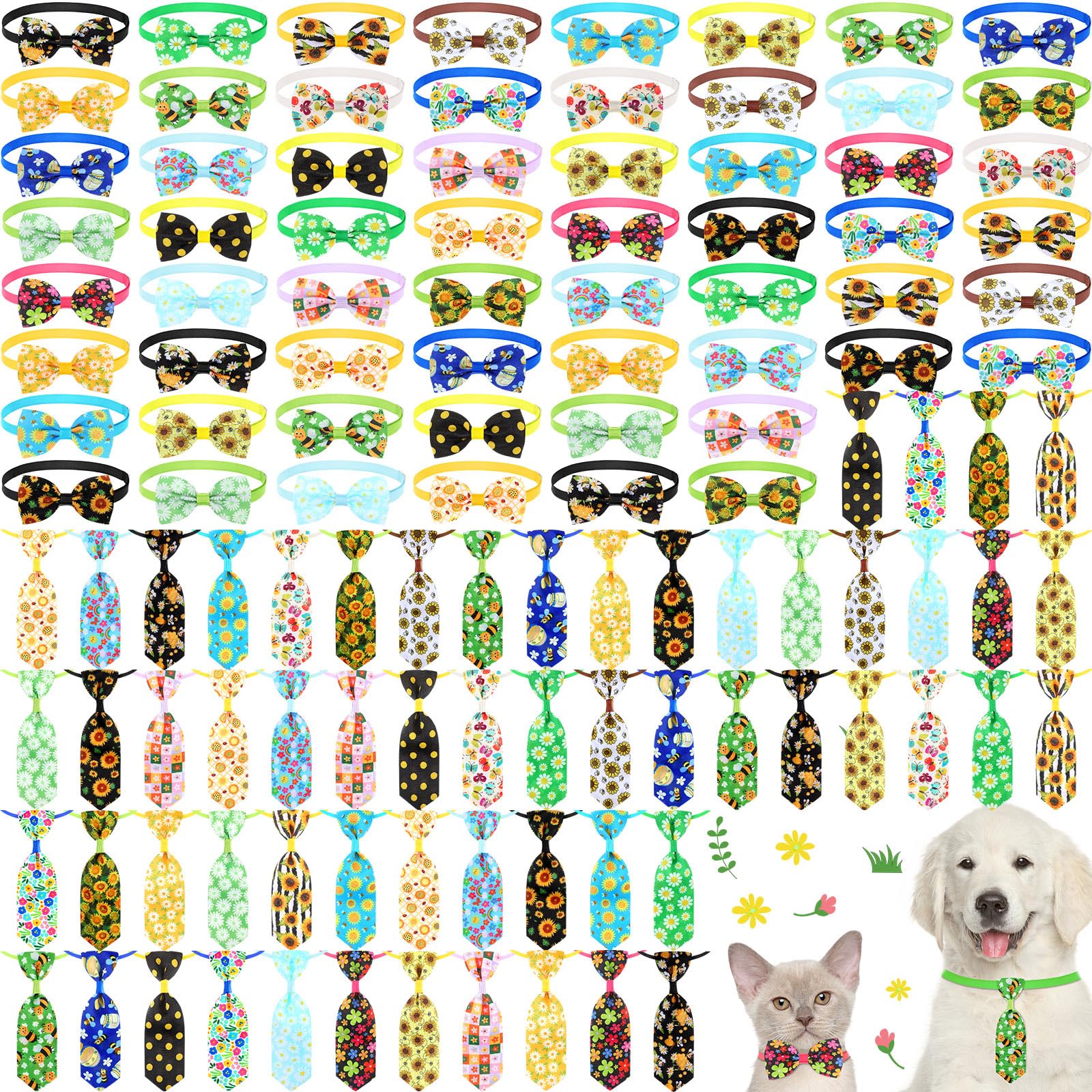 Eccliy 120 Pcs Spring Dog Bow Ties Collars For Dogs Daisy Dog Collar Bulk Spring Dog Ties Cat Bowtie Collar Adjustable Sunflower