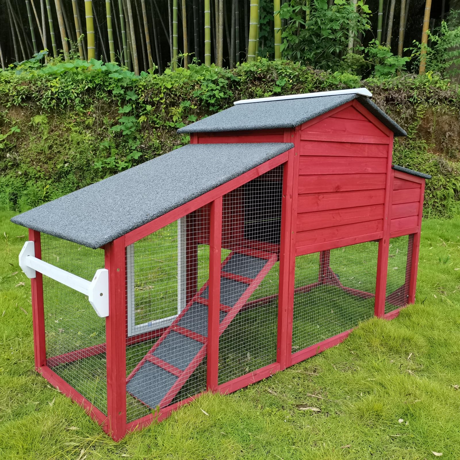 Chicken Coop and Run, Two Story Mobile Rabbit Hutch Indoor Outdoor, Wooden Hen House with Nesting Box Rabbit Cage on Wheels, Ram