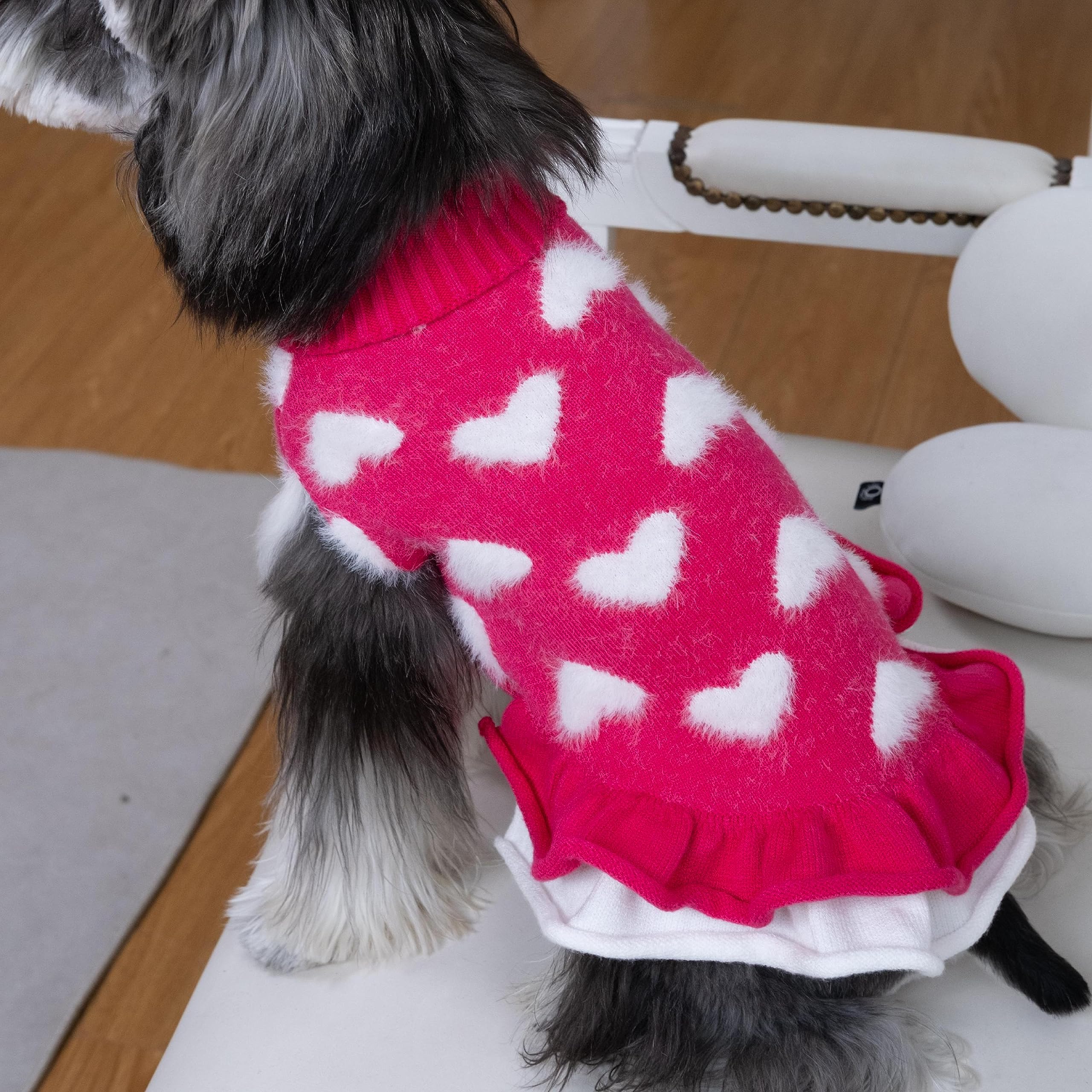 Cutebone Fancy Pink Dog Sweater Dress, Soft And Stretchy Dog Clothes For Small Medium Dogs Girl, Pink Heart Puppy Sweater Pullov