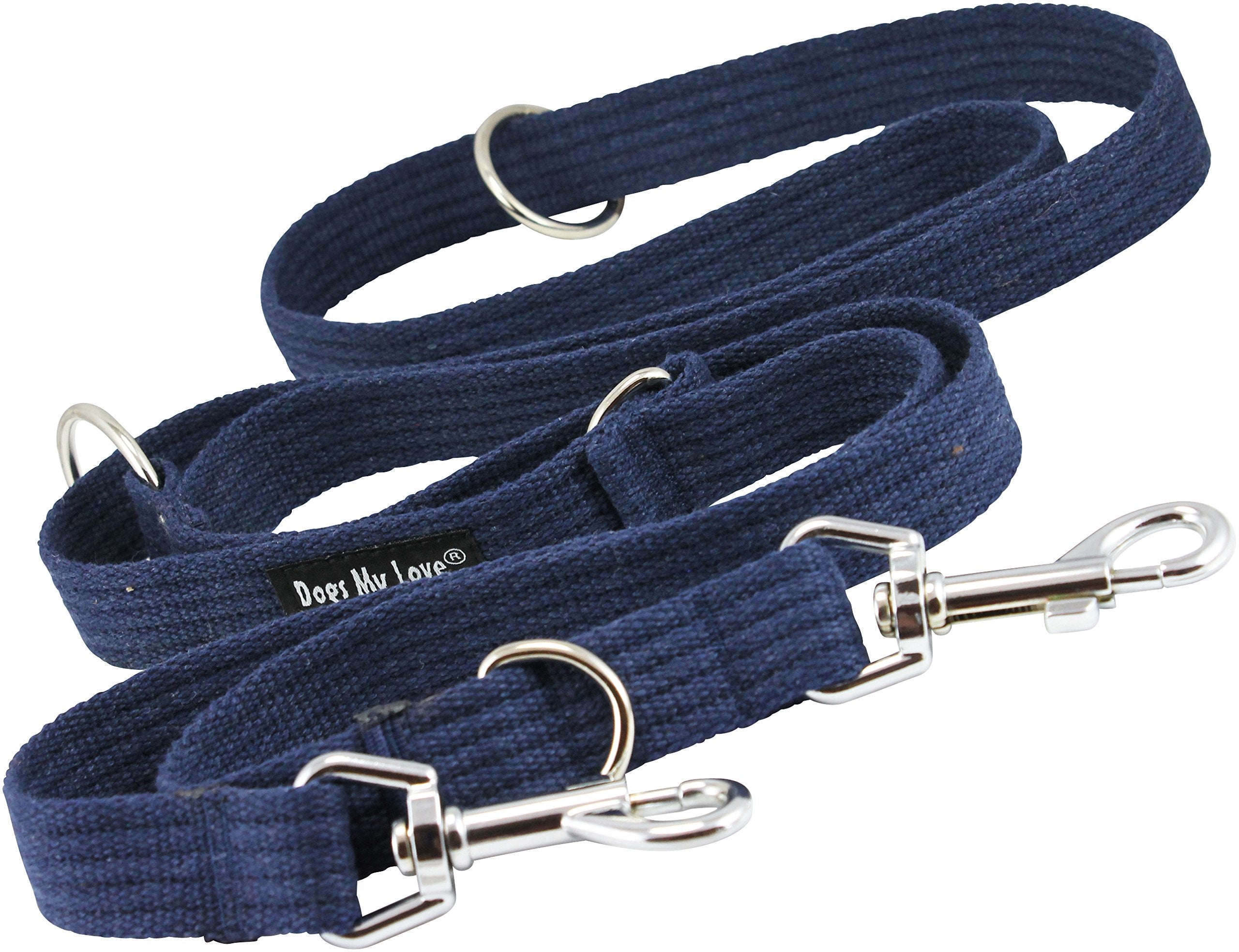 Dogs My Love 1' Wide Cotton Web 6-Way European Multi-Functional Dog Leash, Adjustable Lead 45'-78' Long, Large (Blue)