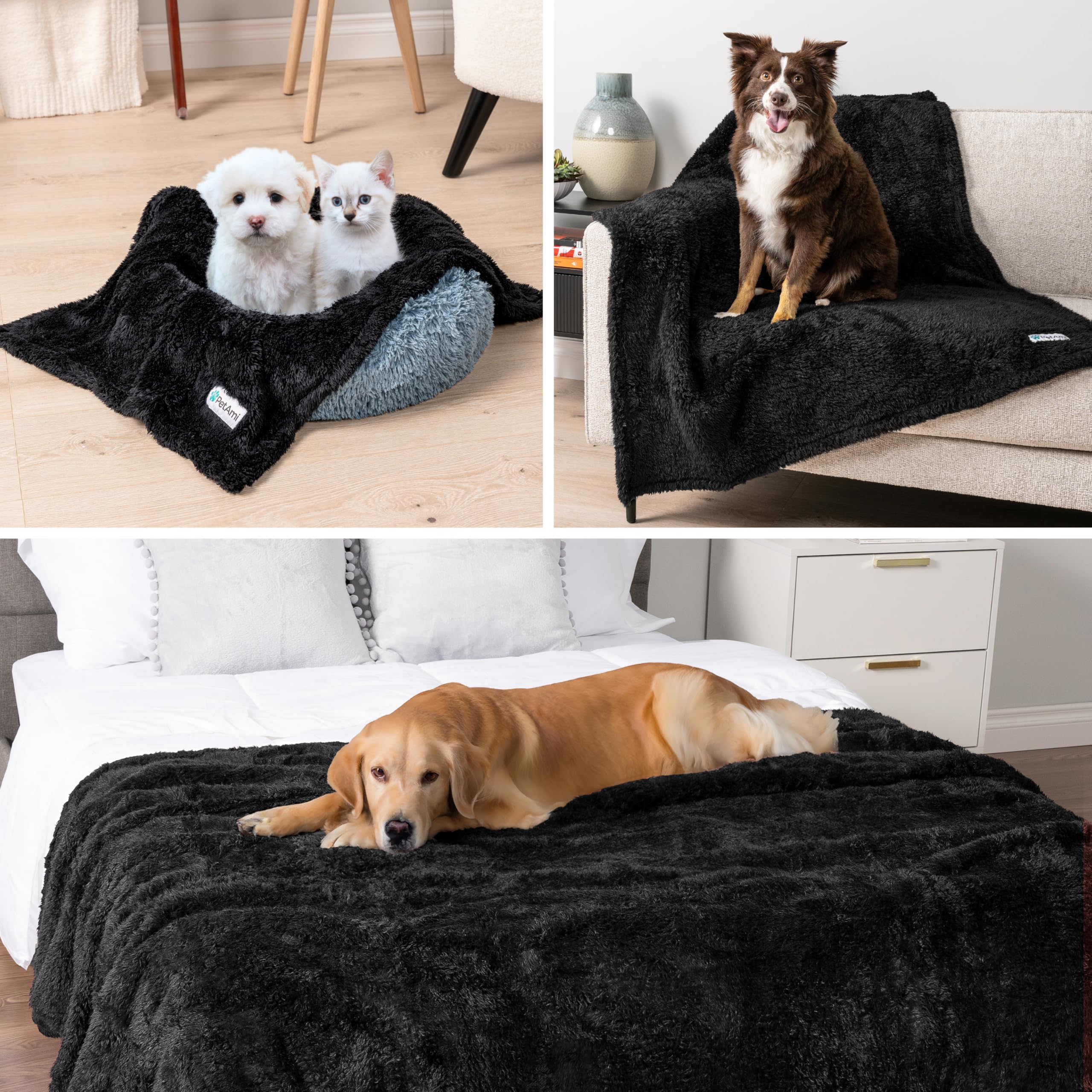 Petami Fluffy Waterproof Dog Blanket For Bed Large Dogs, Soft Warm Pet Sherpa Throw Pee Proof Couch Cover, Reversible Cat Blanket Sofa Crate Kennel Protector, Washable Mat Queen (Black, 90X90)