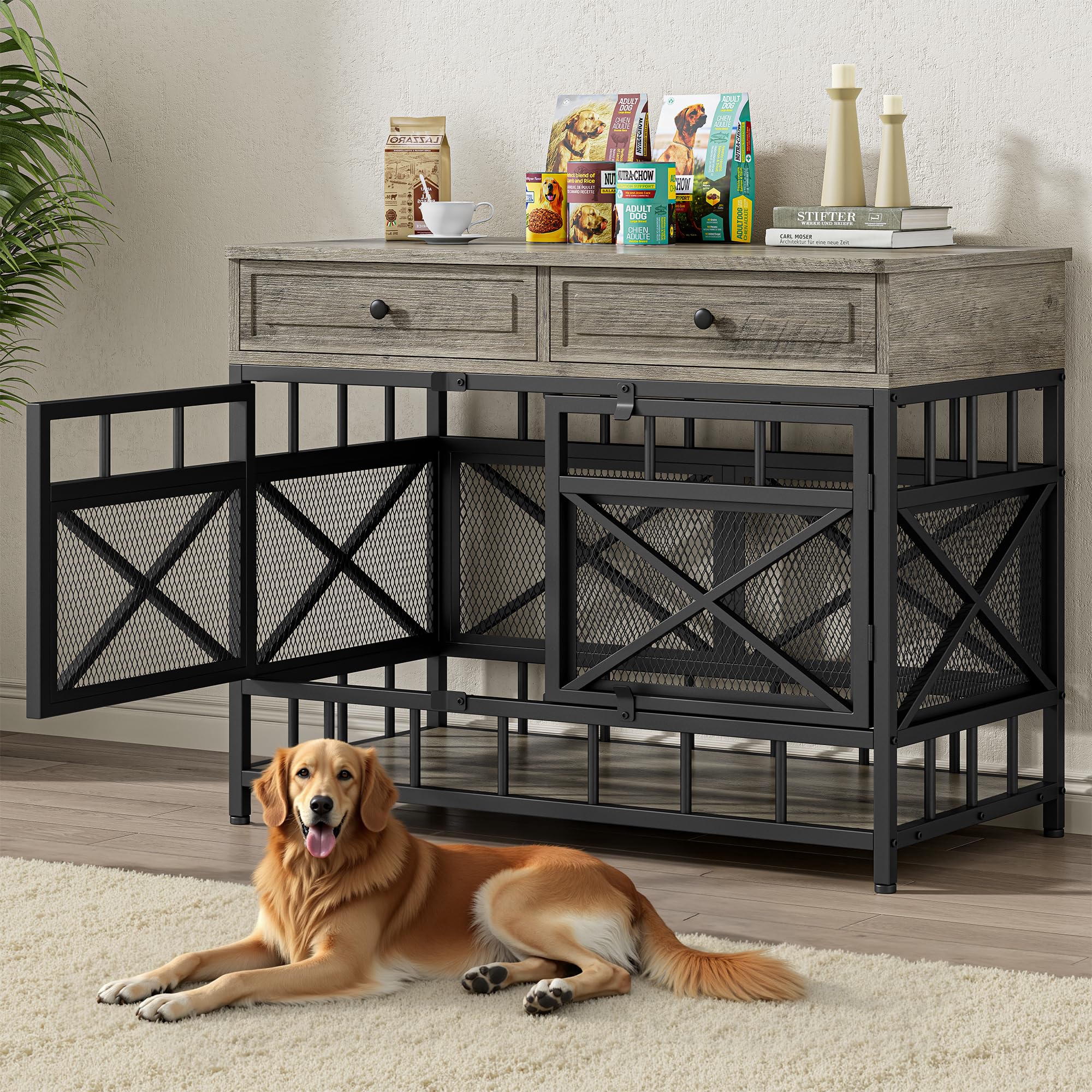 IRONCK 44 inch Large Dog Crate Furniture, Wooden Dog Kennel with Storage Drawers for Medium/Large Dogs, Decorative Dogs Kennel I