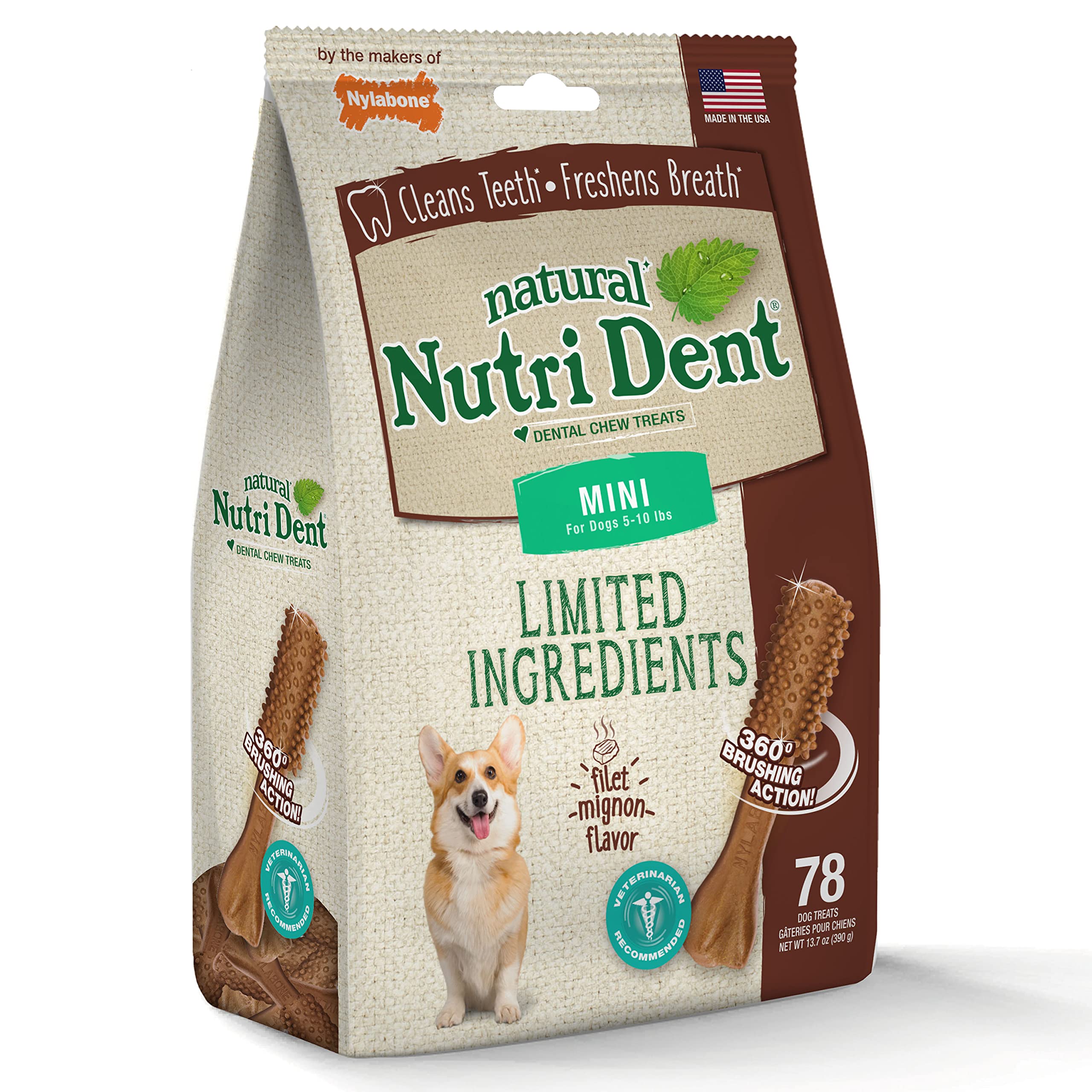 Nylabone Nutri Dent Dog Dental Treats - Natural Dog Teeth Cleaning & Breath Freshener - Dental Treats for Dogs - Filet Mignon Fl