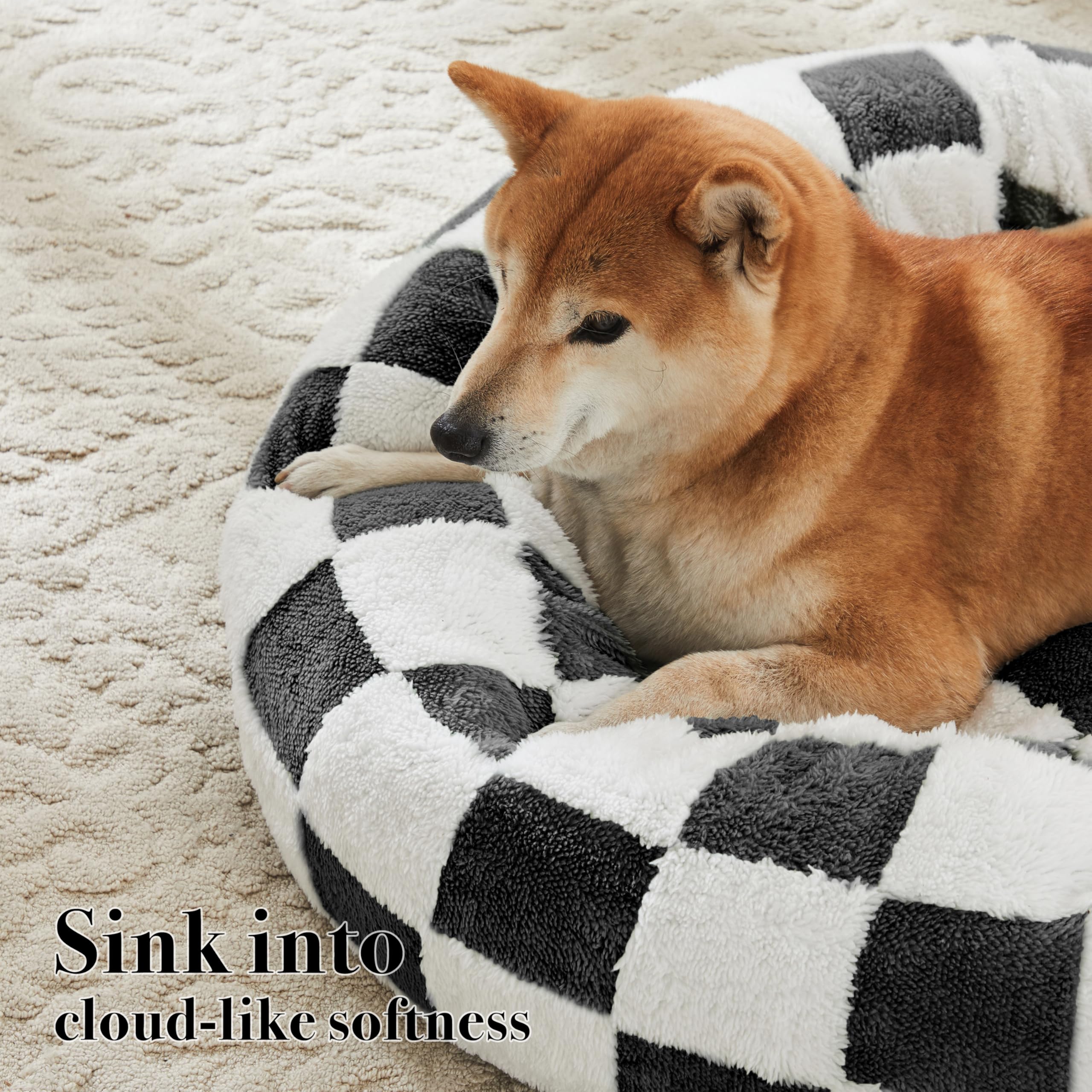 Ohocut Checkered Cat Dog Bed, Cute Black White Retro Style Aesthetic Round Warming Pet Calming Beds For Small Dog And Cats, Plus