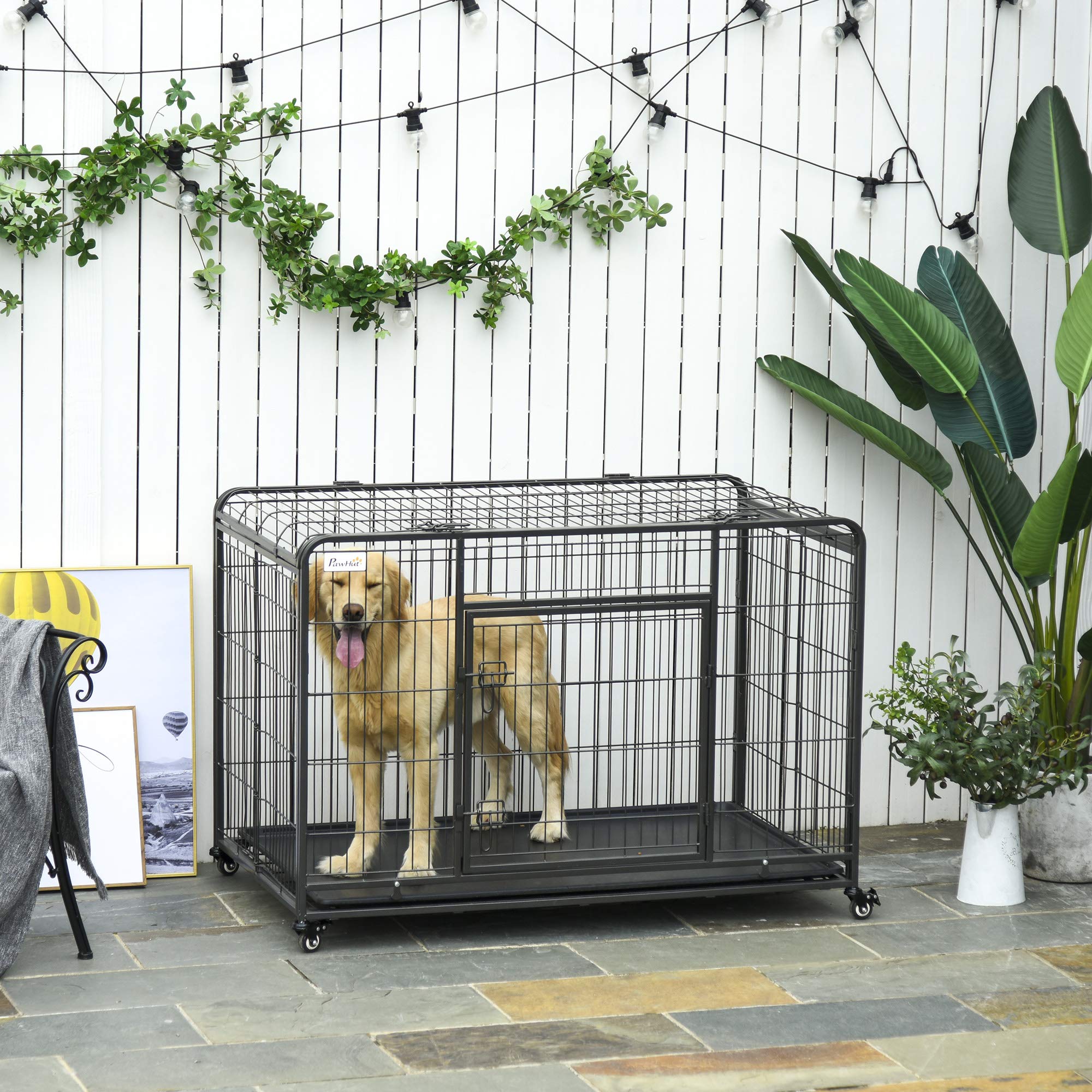Pawhut Metal Dog Cage Kennel Locking Door & Wheels Removable Tray Openable Top For Extra Large Pets 125 X 76 X 81 Cm