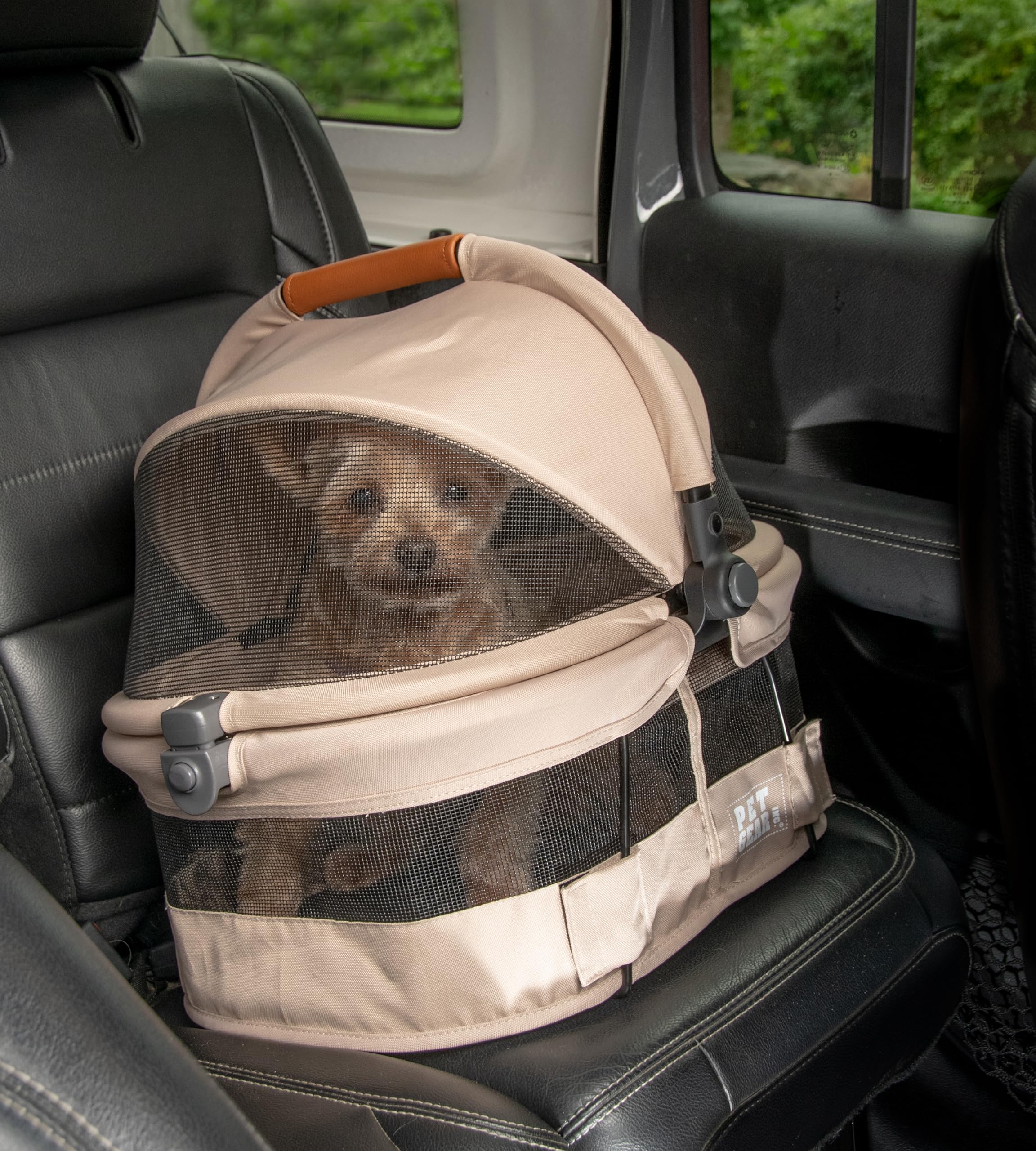 Pet Gear No-Zip View 360 Ultra Lite Pet Safety Carrier & Car Seat For Small Dogs & Cats Push Button Entry, 15'', Sand,View 360 U