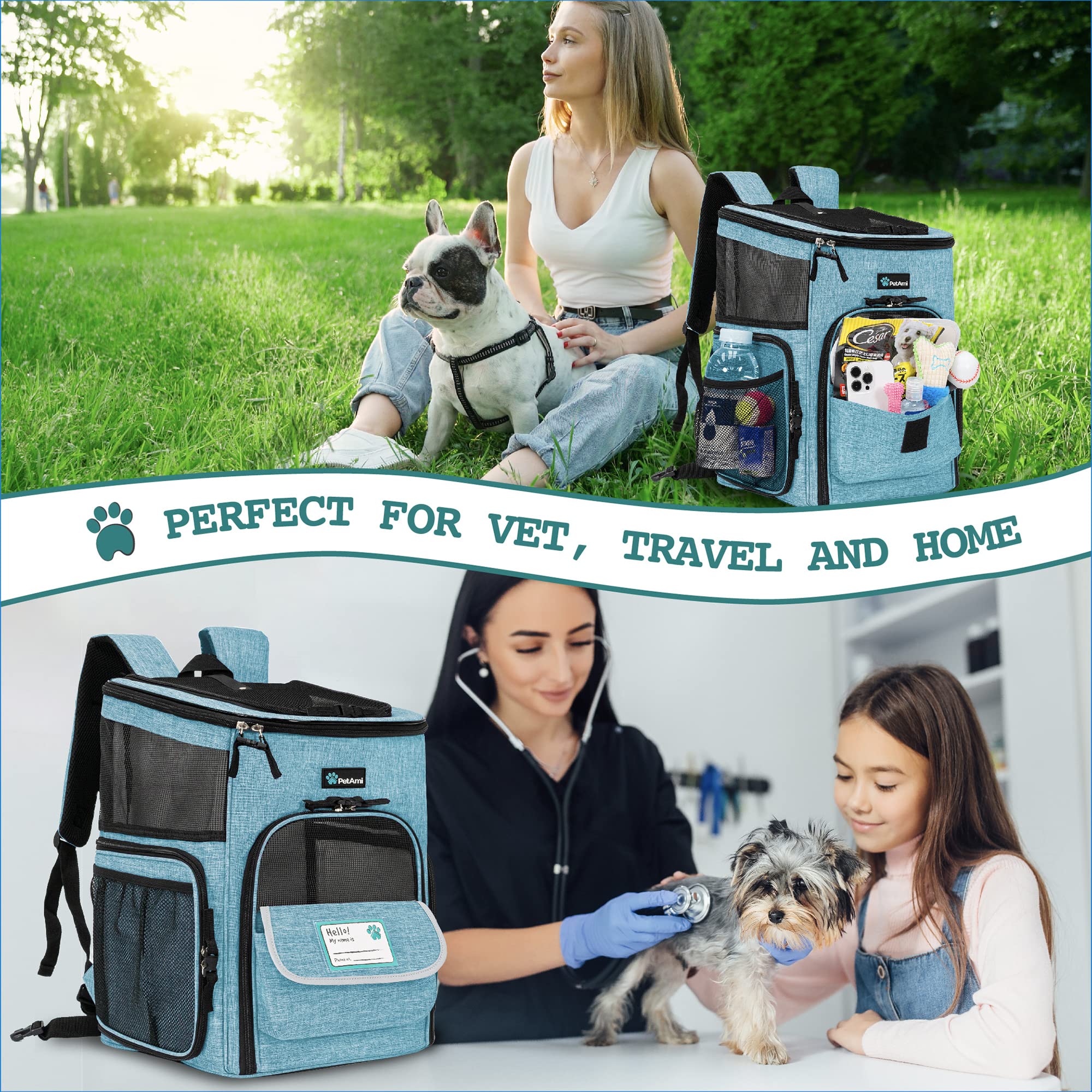 Petami Dog Backpack Carrier, Airline Approved Cat Backpacks For Carrying Small Large Cats, Pet Carrier Back Pack, Ventilated Soft Sided Dog Cat Bookbag For Travel, Hiking, Camping, Turquoise