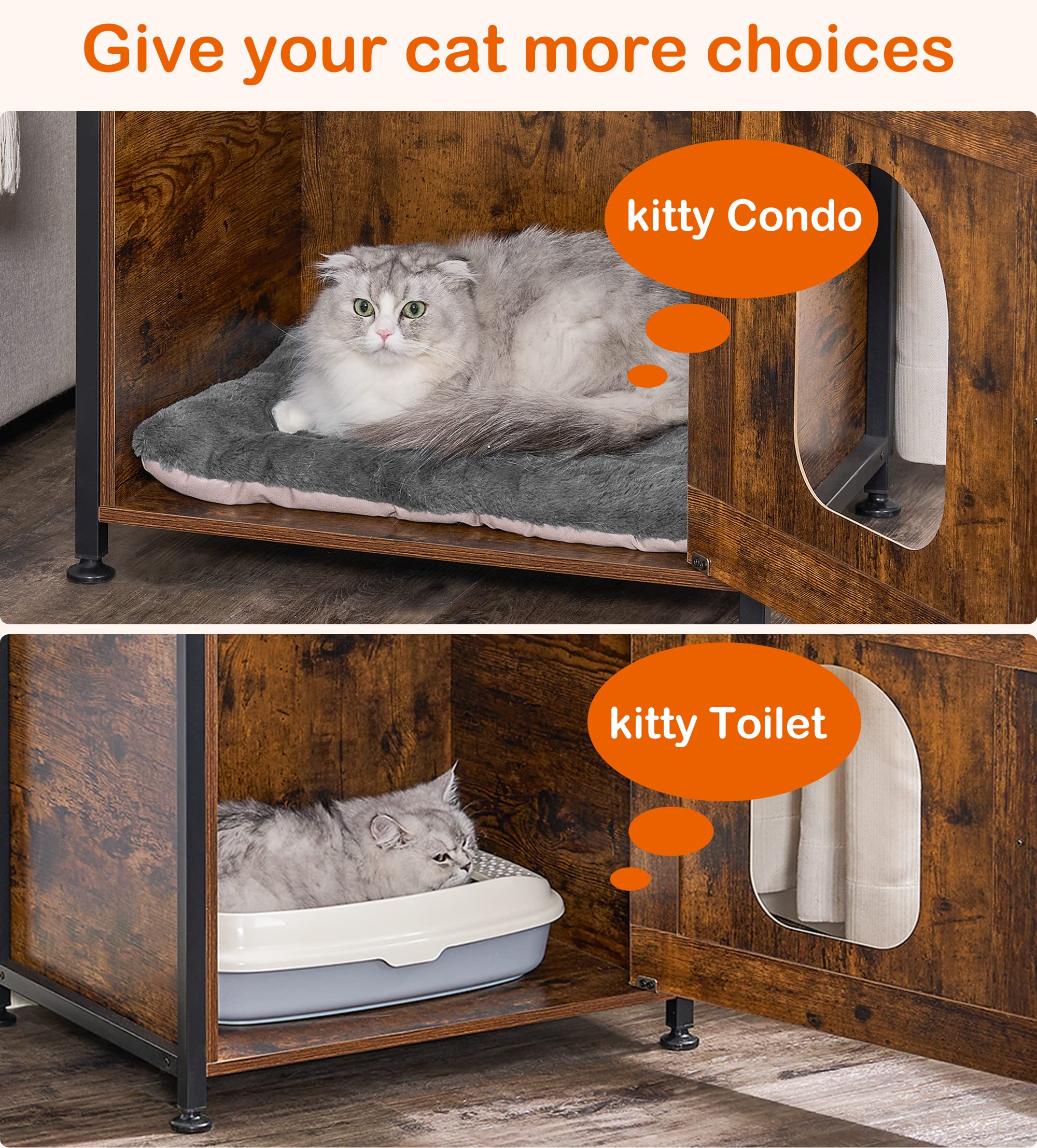 Bewishome Cat Litter Box Enclosure Furniture, Hidden Litter Box Furniture For Living Room, Large Cat Furniture With 4 Tier Shelv