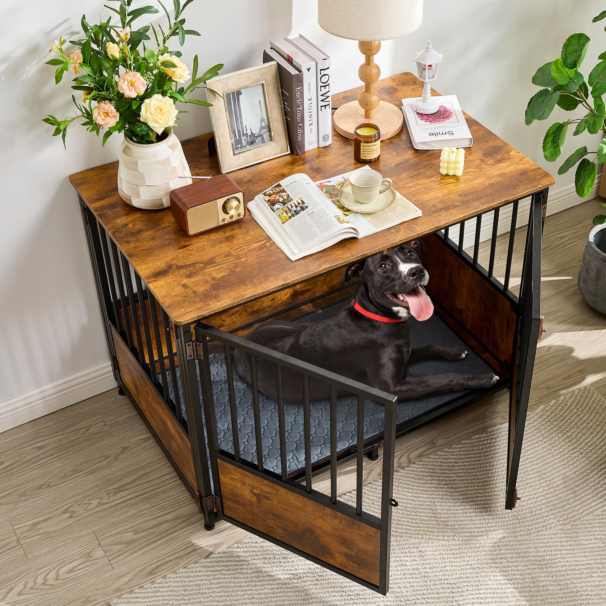 KOOPRO Wooden Dog Crate Furniture 43.7" with Cushion, Rustic Brown, Heavy Duty Indoor Kennel, Model KO240601-00XL-01