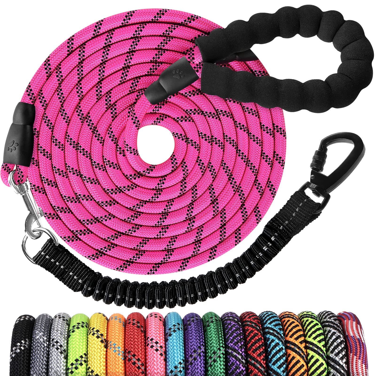 Long Dog Leash 30 Ft: Heavy Duty Rope Leashes For Dogs Training With Swivel Lockable Hook Reflective Threads Bungee And Padded Handle - Dog Lead For Large Small Medium Dogs Outside Walking Hiking Pink