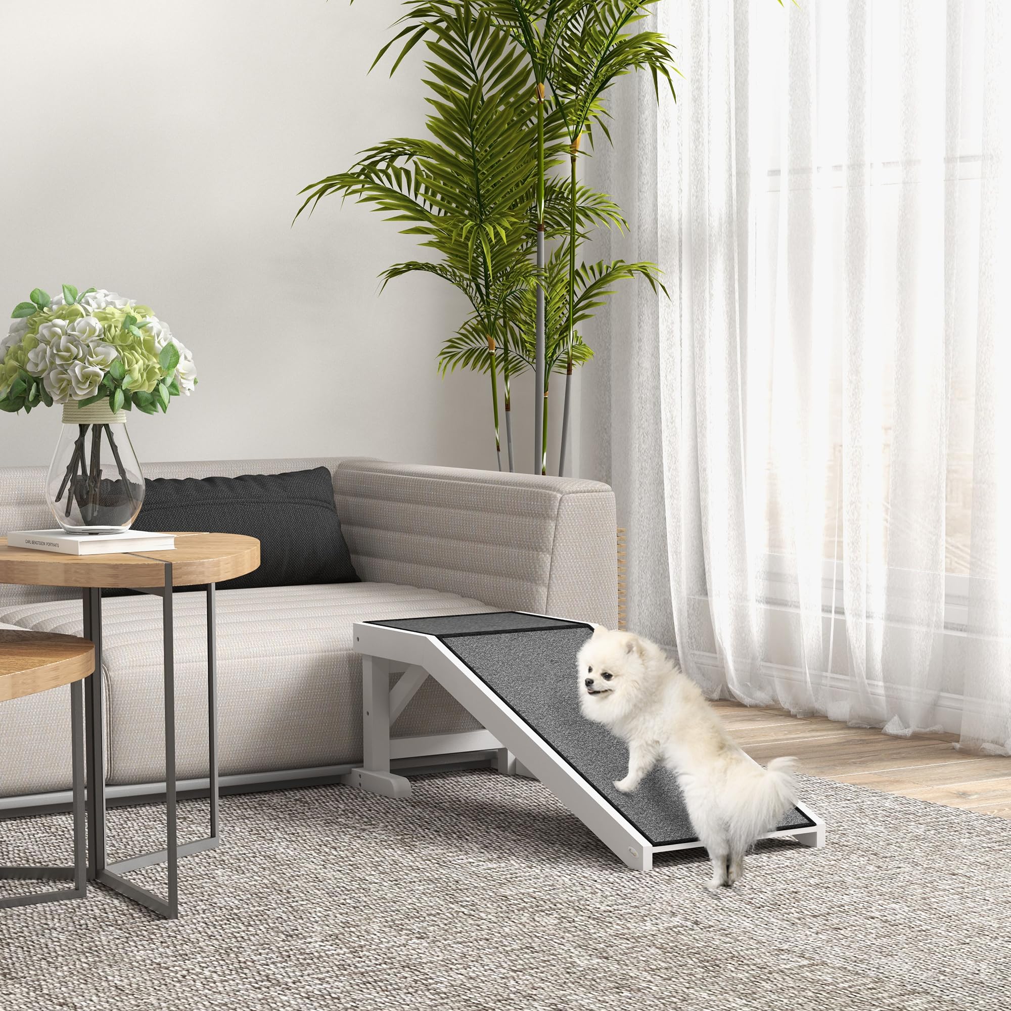 Pawhut Dog Ramp For Bed Couch, Pet Ramp With Non-Slip Carpet, Platforms, For Small, Medium, Large, Older Dogs, Cats, Indoor Use, 49' X 16' X 14', White