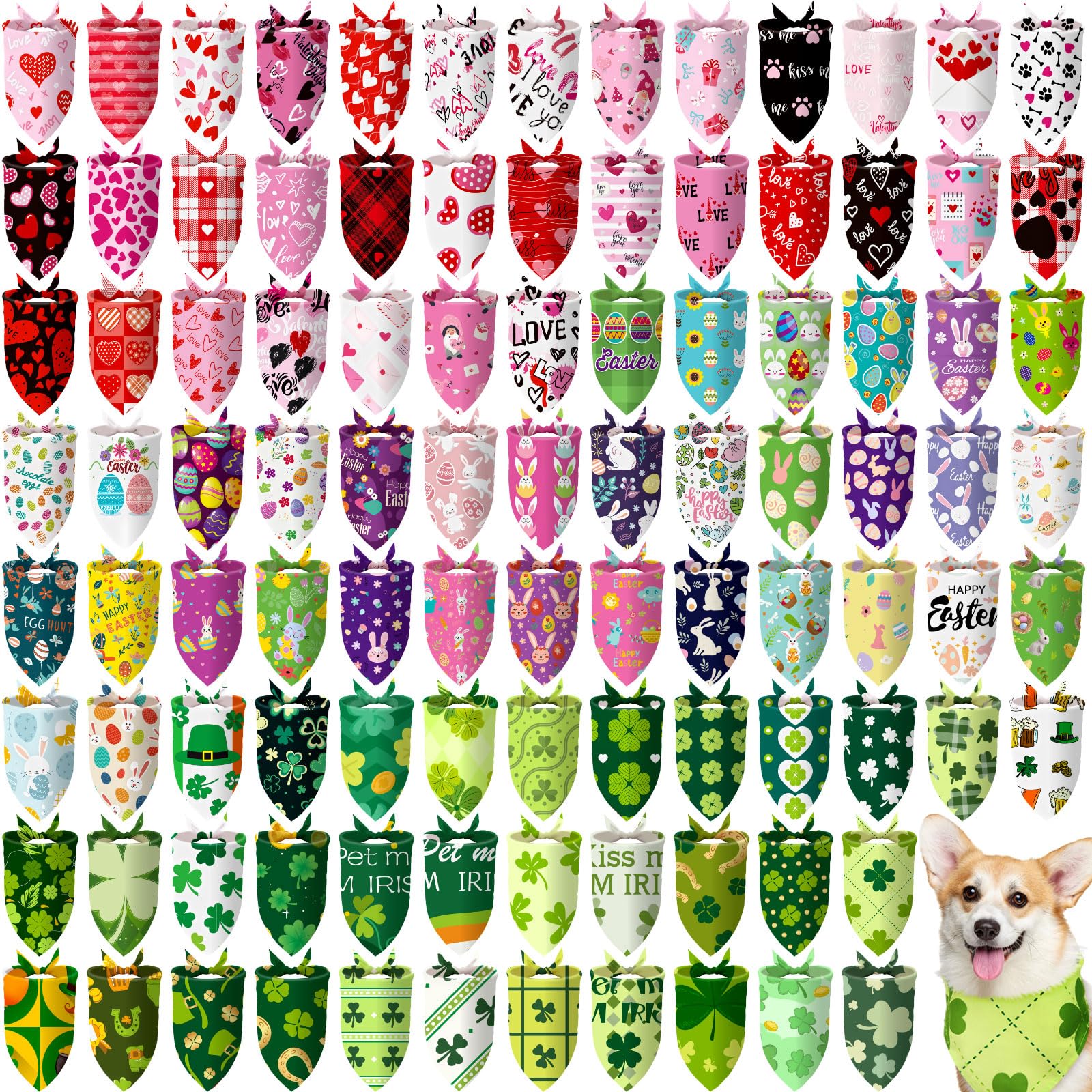 Huhumy 100 Pcs Seasonal Dog Bandanas Valentines Day St. Patricks Day Easter Pet Bandanas Bulk Holiday Triangle Pet Bibs Scarf f