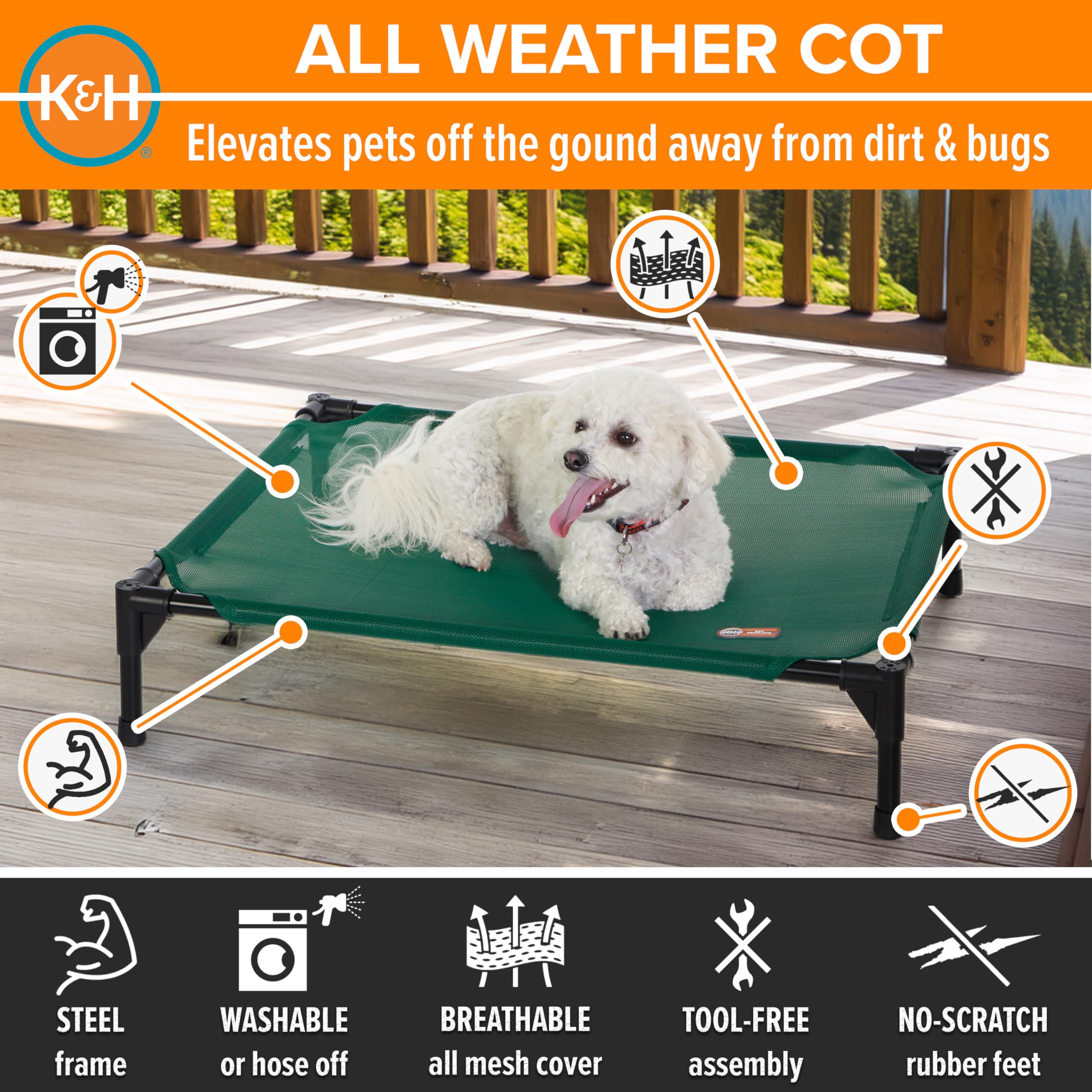 K&H Pet Products Outdoor Elevated Dog Cot, Cooling Raised Bed with Waterproof Breathable Mesh for Medium Dogs, Portable Place Be