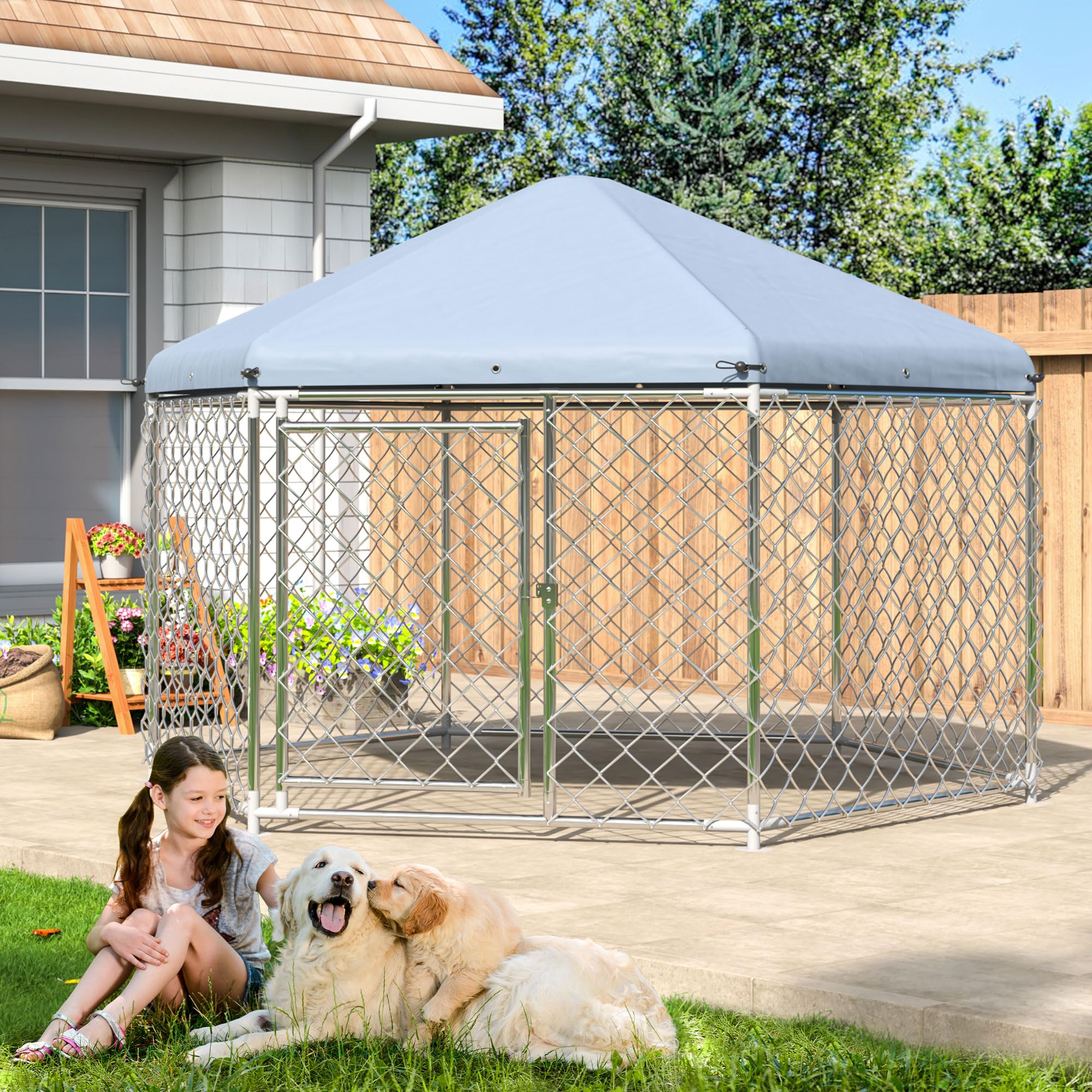 Polar Aurora Outdoor Kennel With Roof, Large Metal Dog Kennel With Secure Lock For Backyard (6.9X6.9X4.9 Ft)