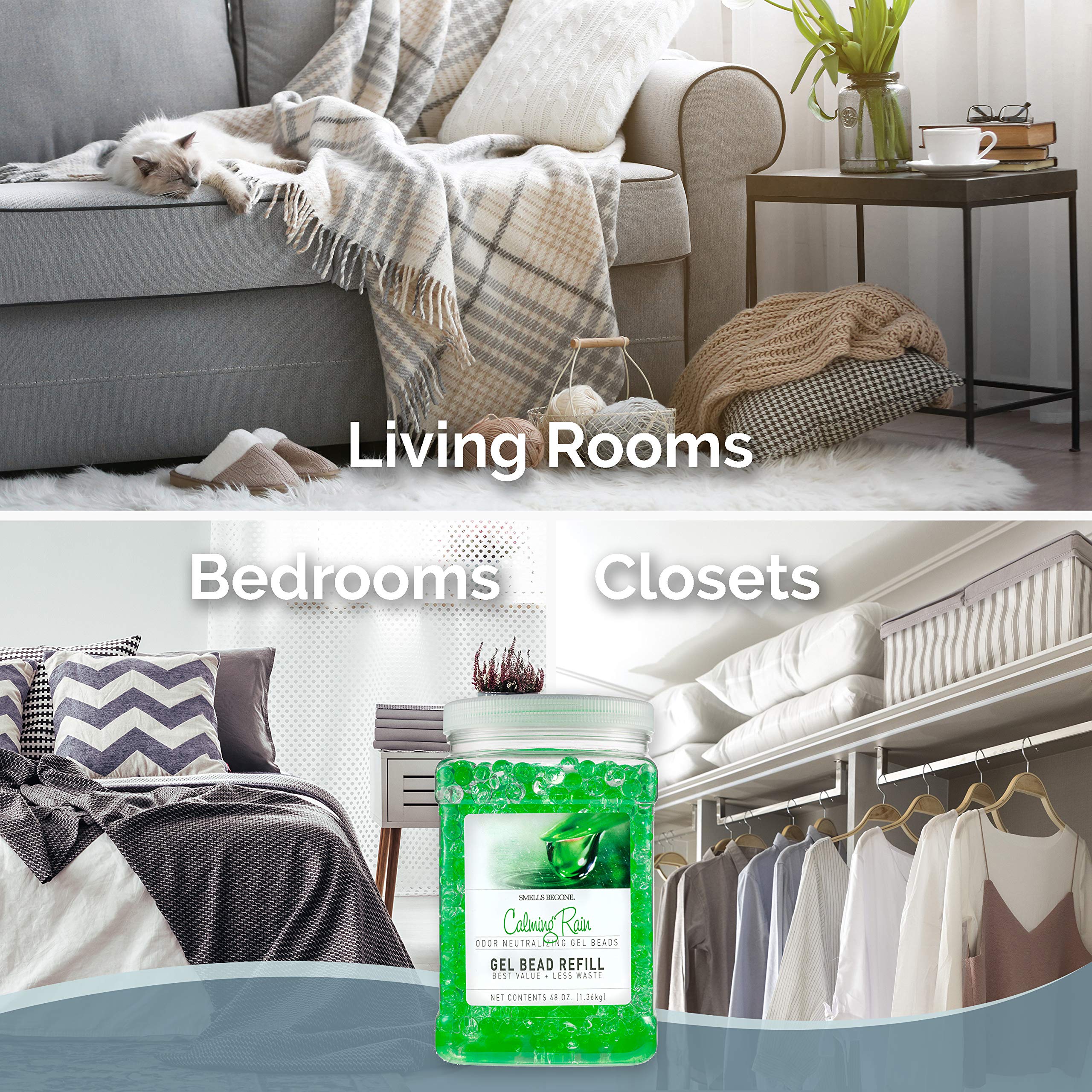 Smells Begone 48 Oz Odor Eliminator Gel Bead Refill - Odor Eliminator For Bathrooms, Cars, Boats, Rvs & Pet Areas - Made With Essential Oils - Calming Rain Scent