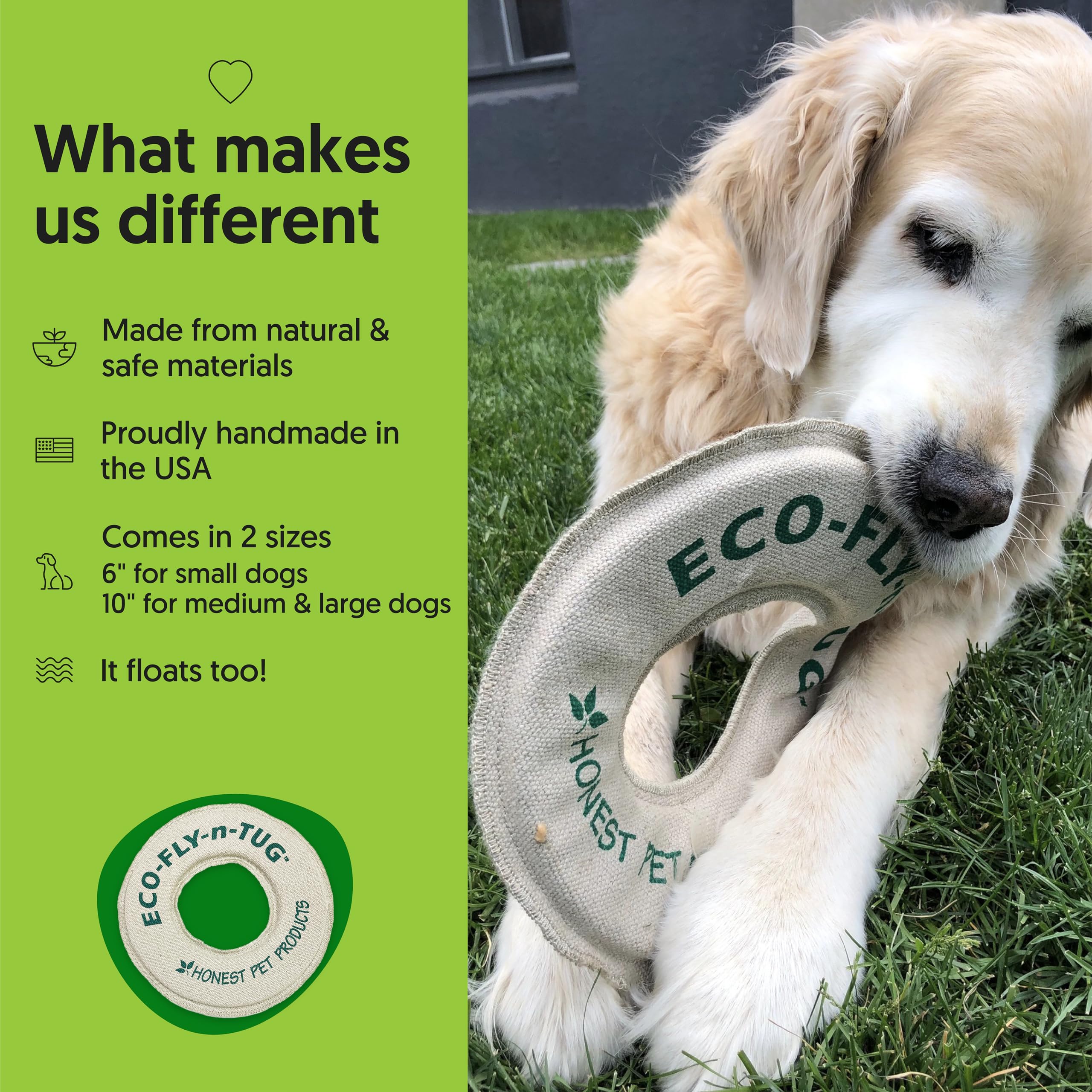 Honest Pet Products Eco-Fly-N-Tug Dog Frisbee - Handmade In Usa With Natural Hemp Canvas & Wool - Eco-Friendly Frisbee Dog Toy &