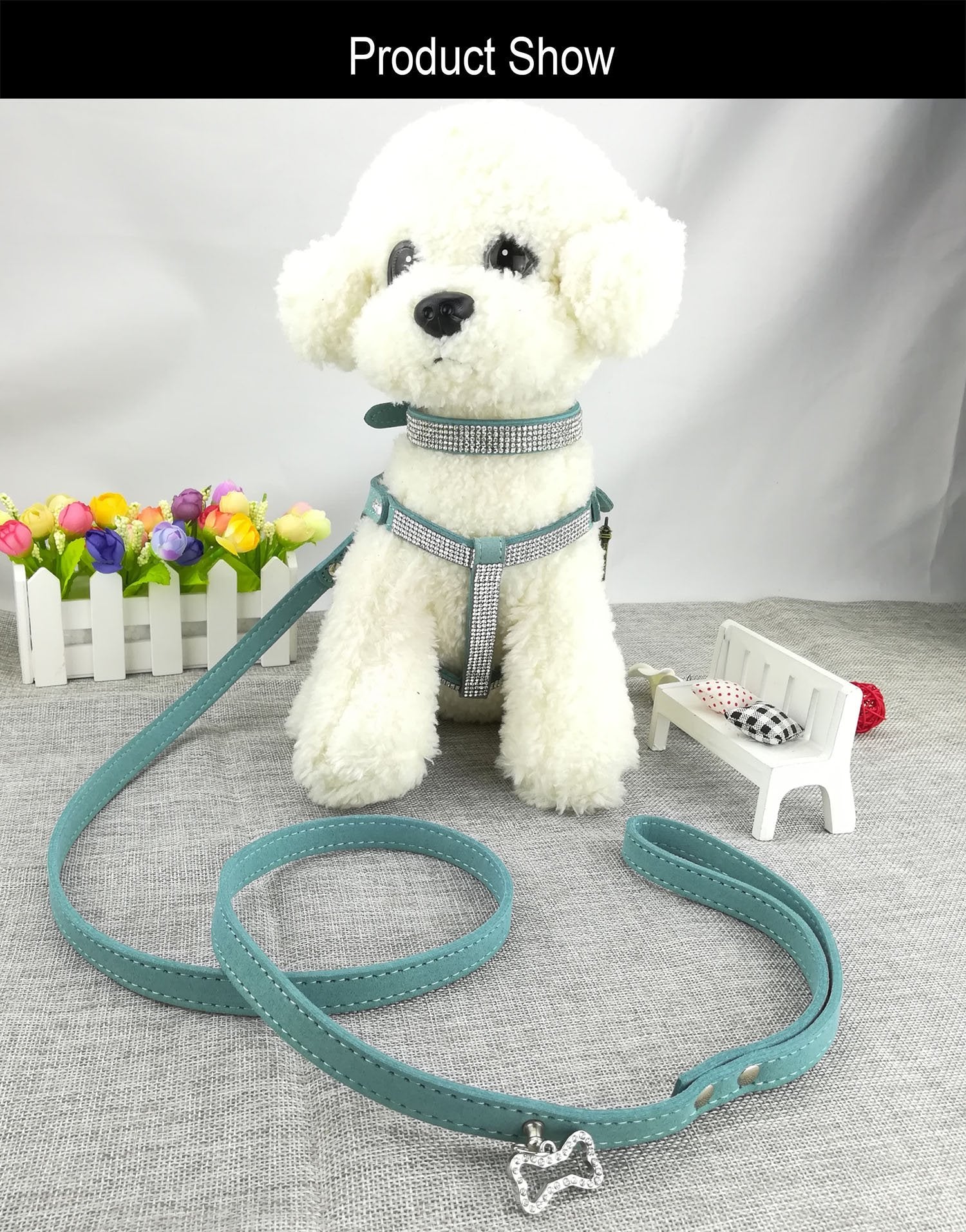 Newtensina Dog Collar & Harness & Lead Sets Fashion Dog Collar Diamante With Harness & Leashes Comfortable Soft Collar Harness And Leashes Set For Dog - Blue - S