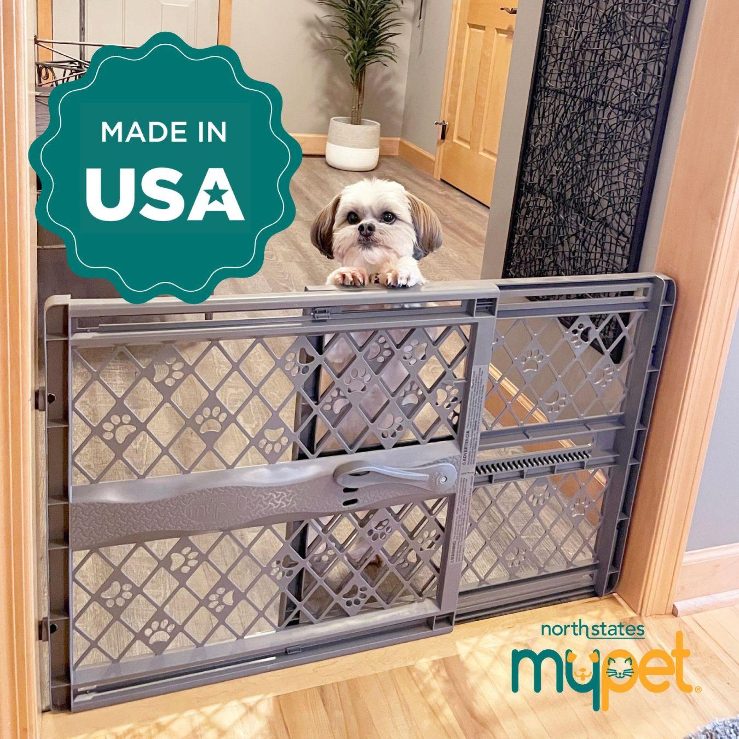 Mypet North States Paws Portable Pet Gate: 26-40' Wide. Pressure Mount. No Tools Needed. Made In Usa. Dog Gate 23' Tall, Expandable, Durable Dog Gates For Doorways, Fieldstone Gray