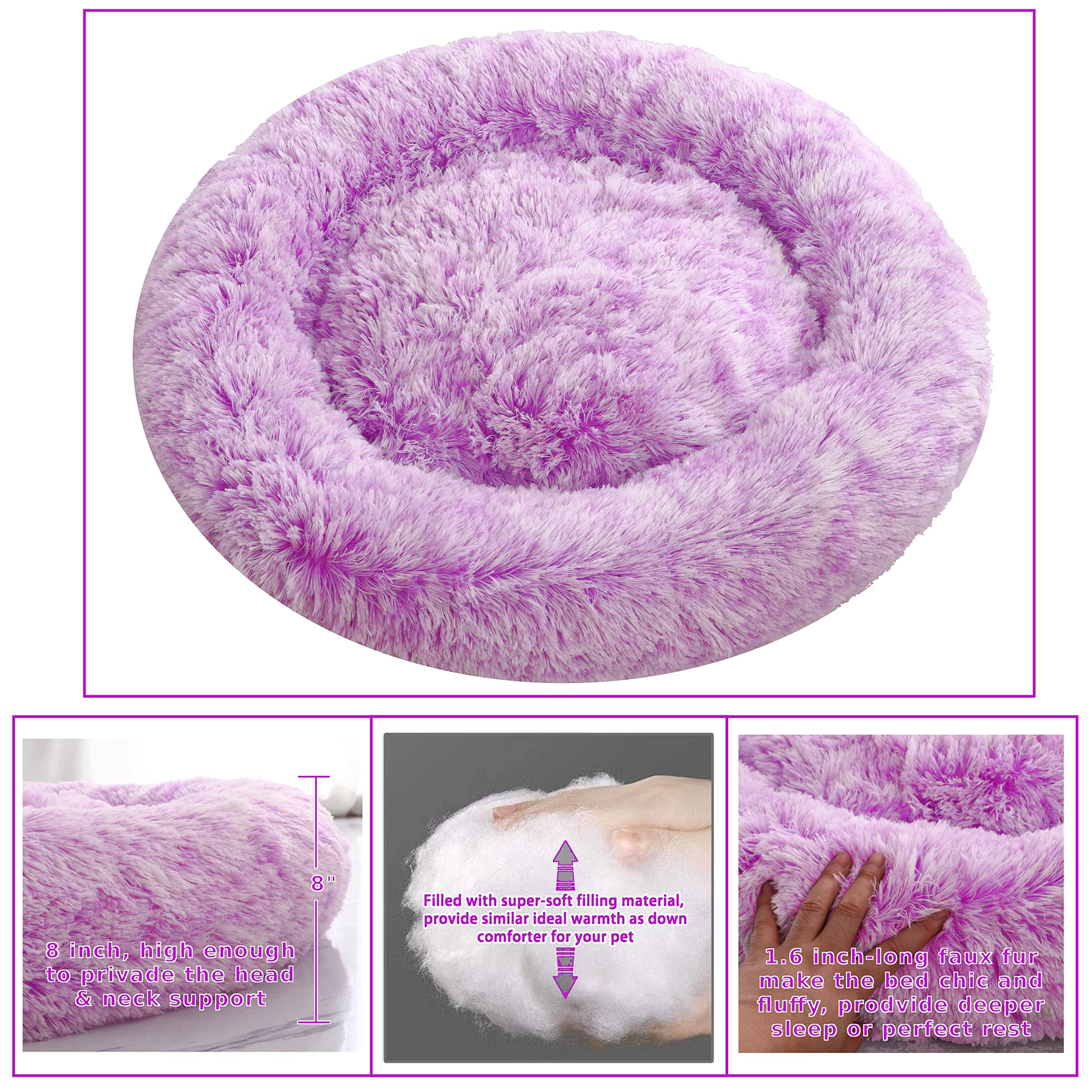 Comlax Calming Donut Dog Beds, 24 Inches Round Cushion With Removable Washable Cover, Anti-Anxiety Faux Fur Cuddler, Fluffy Comf
