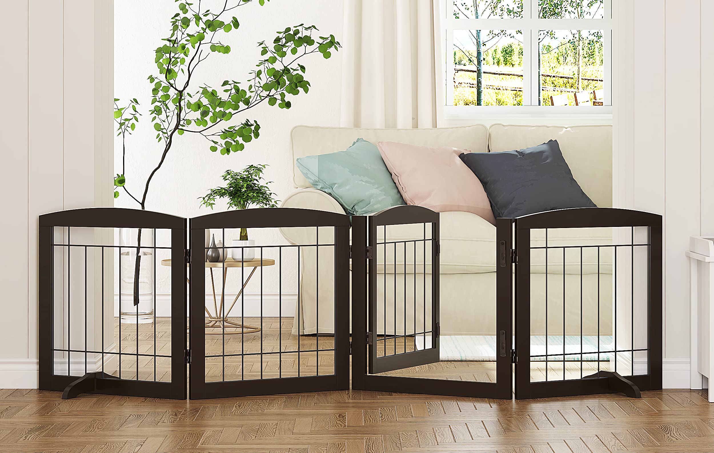 Pawland Free Standing Pet Gate With Door Walk Through, Dog Gate For The House, Doorway, Stairs, 80 Inch Wide Puppy Safety Fence, Support Feet Included, 4 Panels, 24 Inches Tall (Espresso)