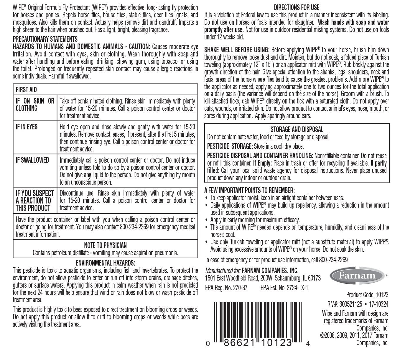 Farnam Wipe Original Formula Fly and Tick Protectant for Horses, 32 Fl Oz Ready-to-Use, Effective Pest Control Solution