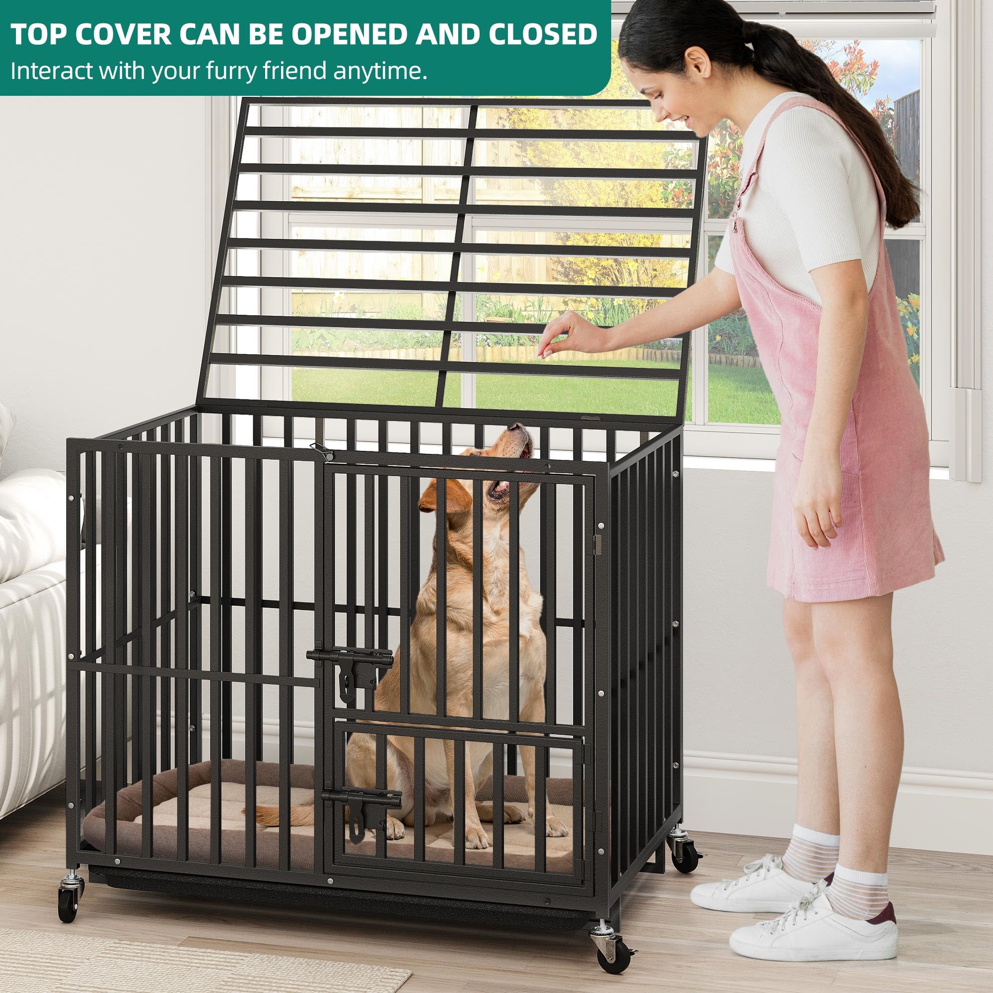 YITAHOME Heavy Duty Dog Crates for Small Medium Dogs, 38 Inch Metal Dog Kennel Indoor with Wheels, High Anxiety Dog Crate, Large