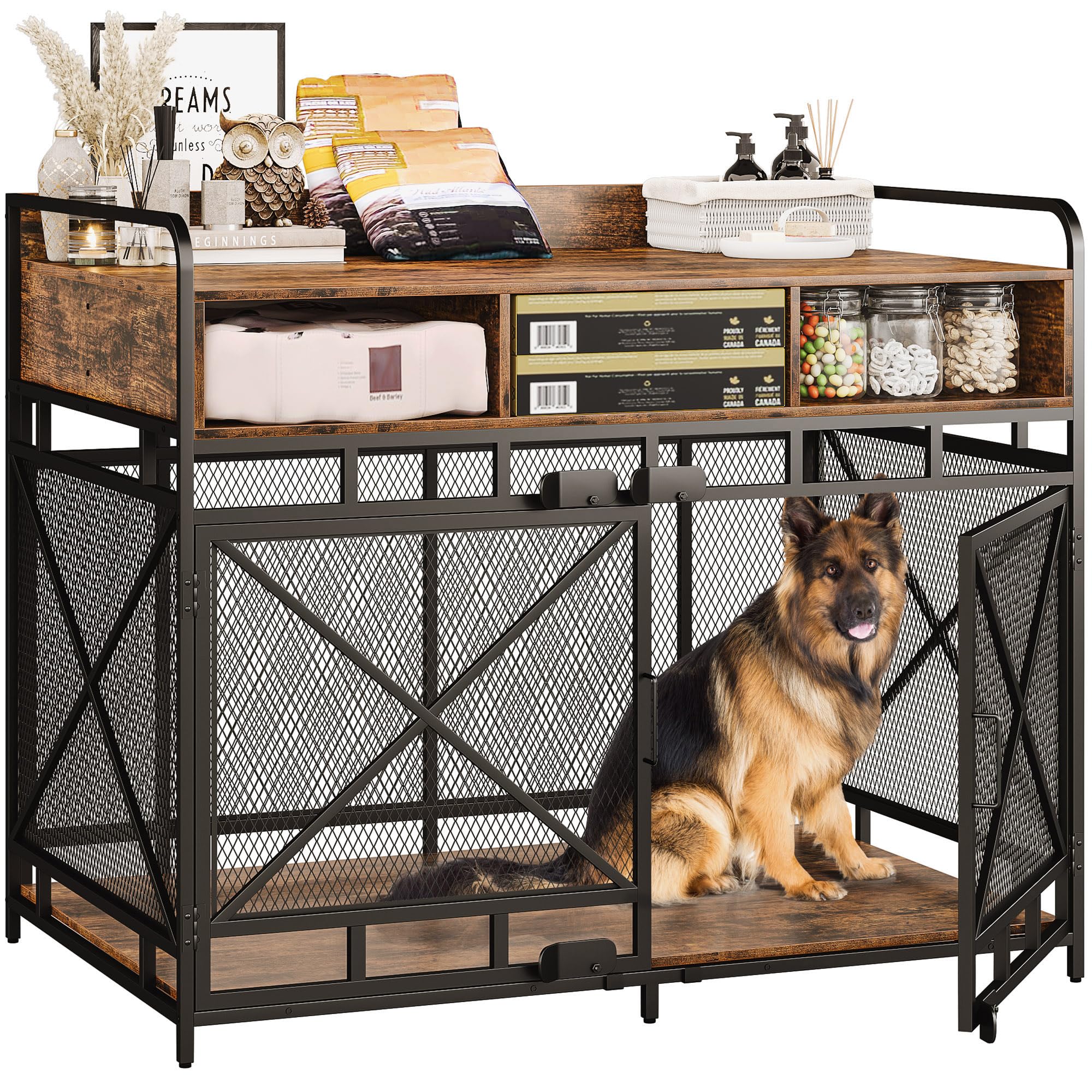 Fulhope Dog Crate Furniture,Wooden Dog Crate End Table,43 Inch Dog Kennel with Drawers,Heavy Duty Dog Cage,Decorative Pet Crate 