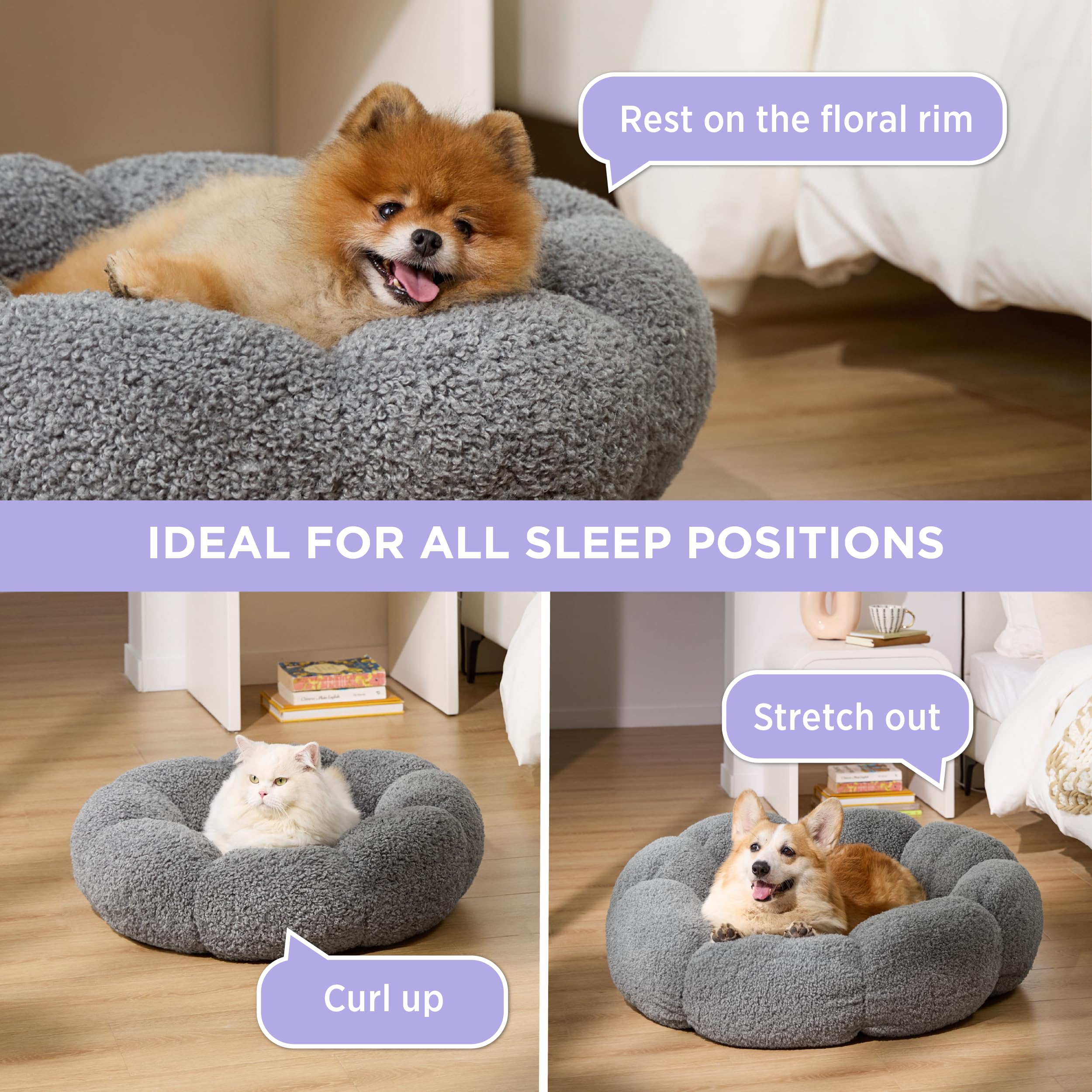 LE SURE Large Dog Bed - Calming Flower Donut Design, Plush Teddy Sherpa, Non-Slip, Grey, 36" for Pets up to 100 lbs