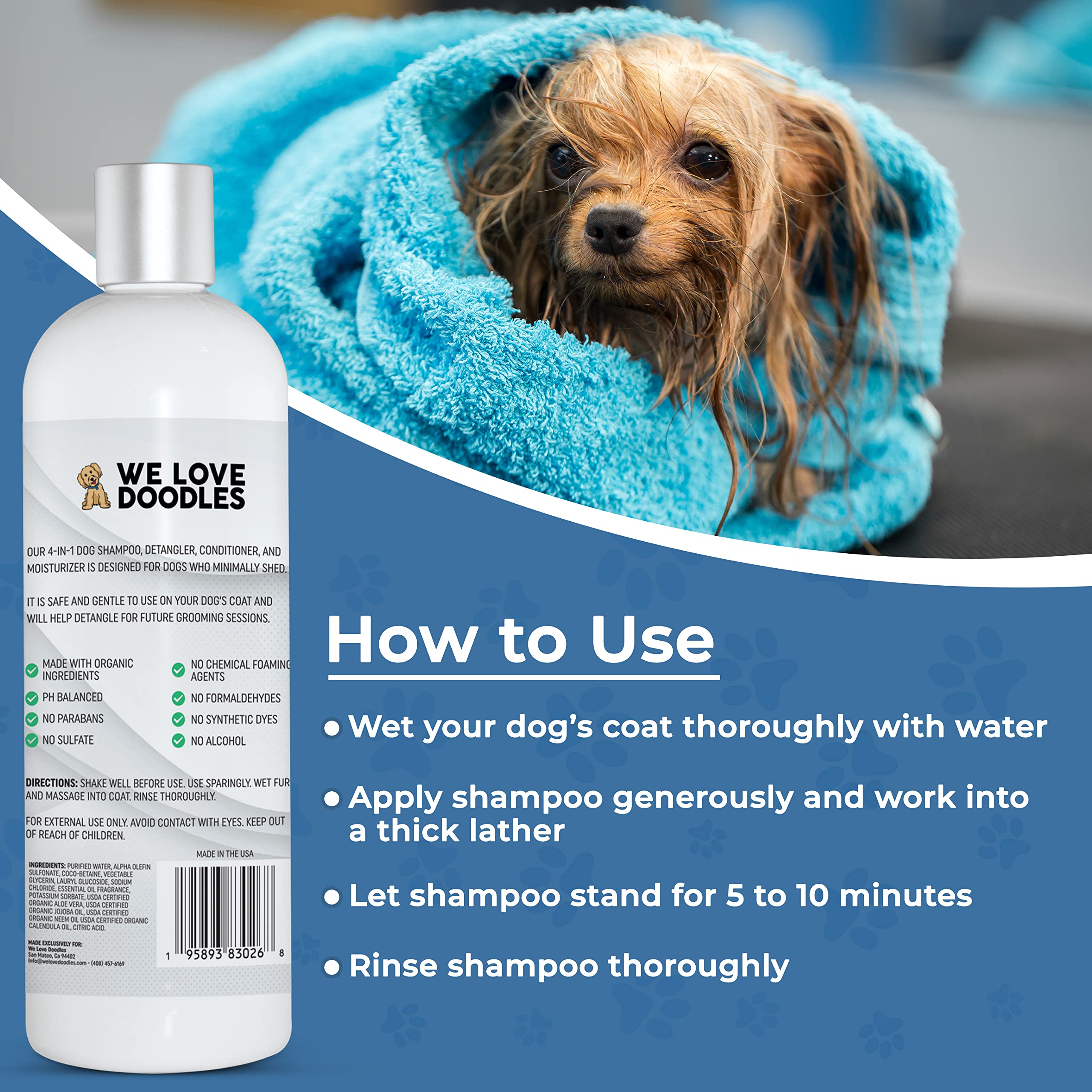 Dog Shampoo, Conditioner & Detangler - Best Shampoo for Goldendoodles, Poodles & Doodles - for Matted Pet Hair - Sensitive Skin