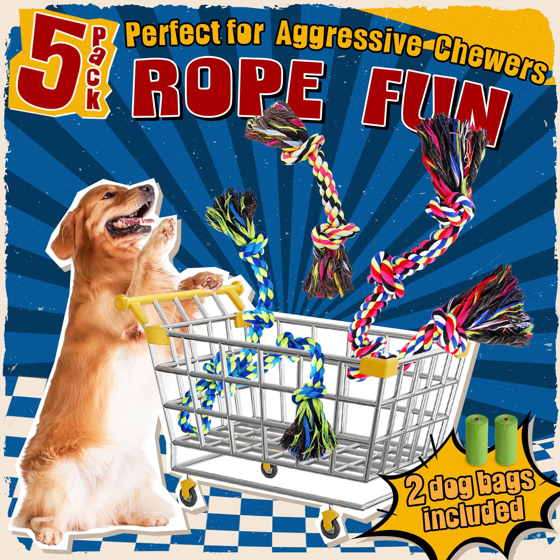 Forfon Heavy Duty Dog Toy for Aggressive Chewers - Tough Chew Toys for Large Dogs, Great for Tug-of-War & Teeth Cleaning, with 3