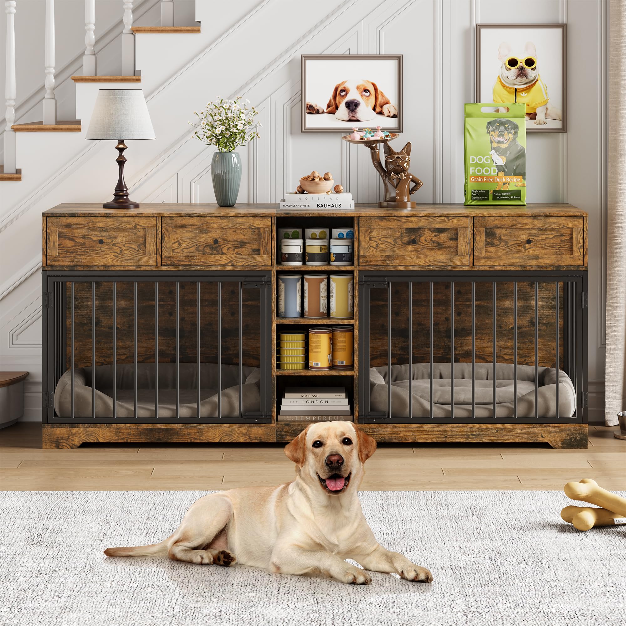 GarveeHome 82 Double Dog Crate Furniture, Large Dog Kennel Indoor for 2 Dogs, Heavy Duty Wooden Dog Crate TV Stand with 4 Drawer