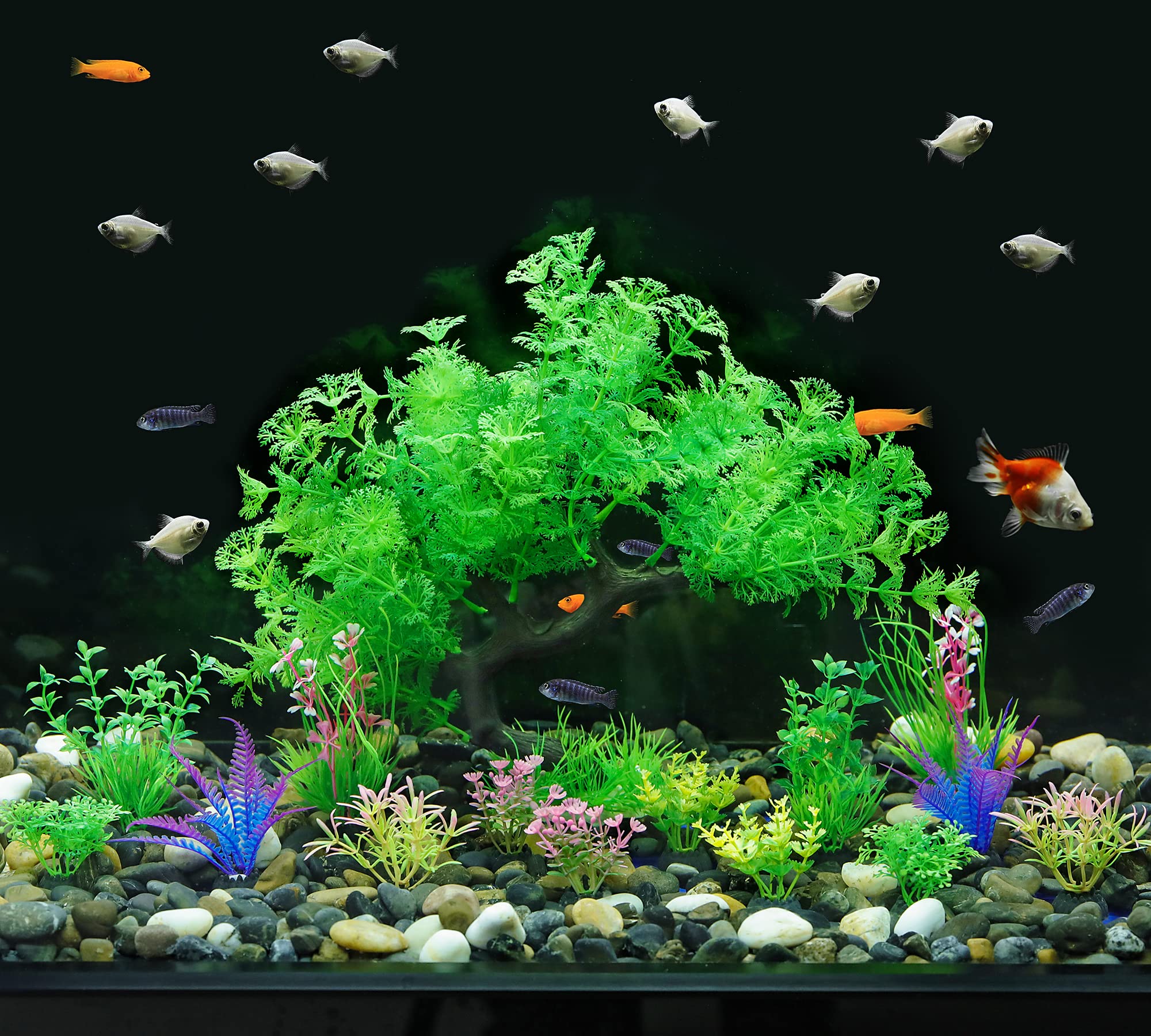 MyLifeUNIT Fish Tank Decorations, 15 Pack Artificial Aquarium Plants Tree Set for Fish Tank Decor (Green Set)