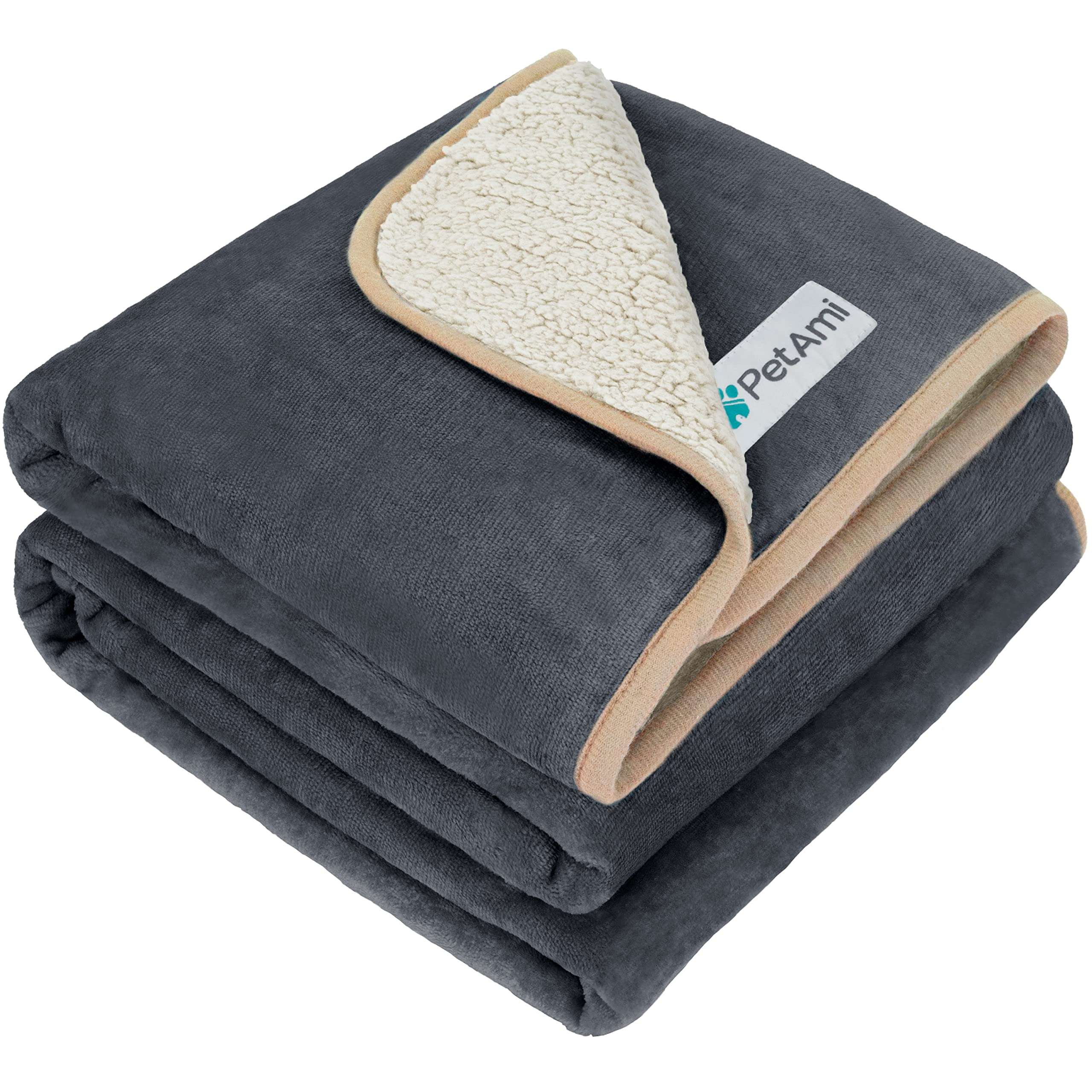Petami Waterproof Dog Blanket For Large Giant Dogs, Pee Proof Pet Blanket Sherpa Fleece Crate Cover, Reversible Cat Throw Bed Kennel Protector, Soft Plush Washable Pad (Queen 90X90, Gray/Beige)
