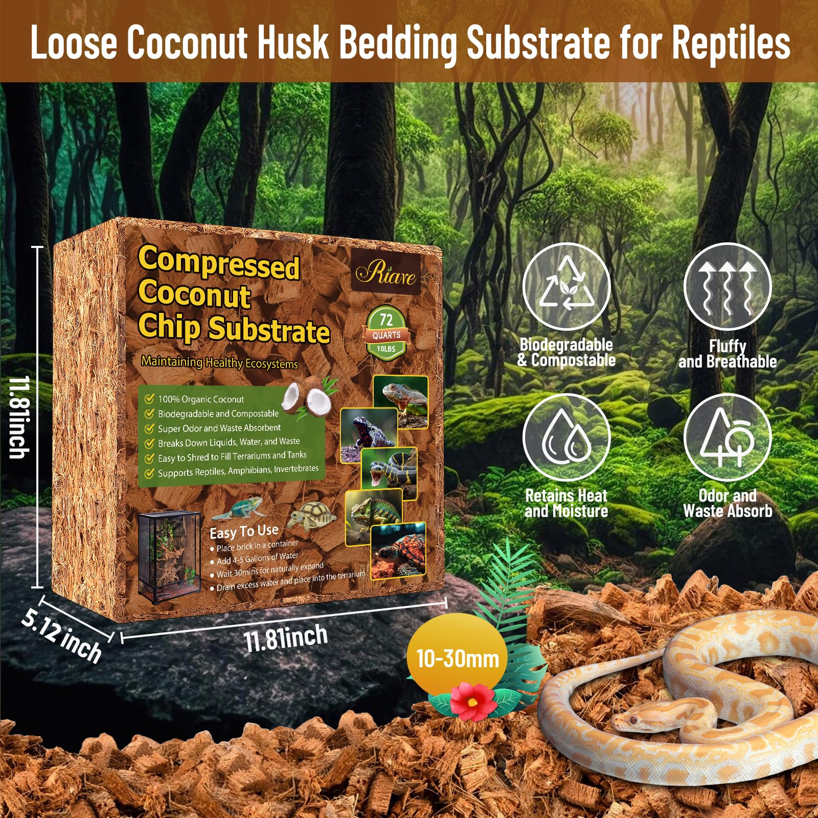 Riare 10LB Coconut Chip Substrate, 72 Quart Coconut Fiber Bedding for Reptiles, Snakes, Tortoises, Bearded Dragons, Geckos, Frogs