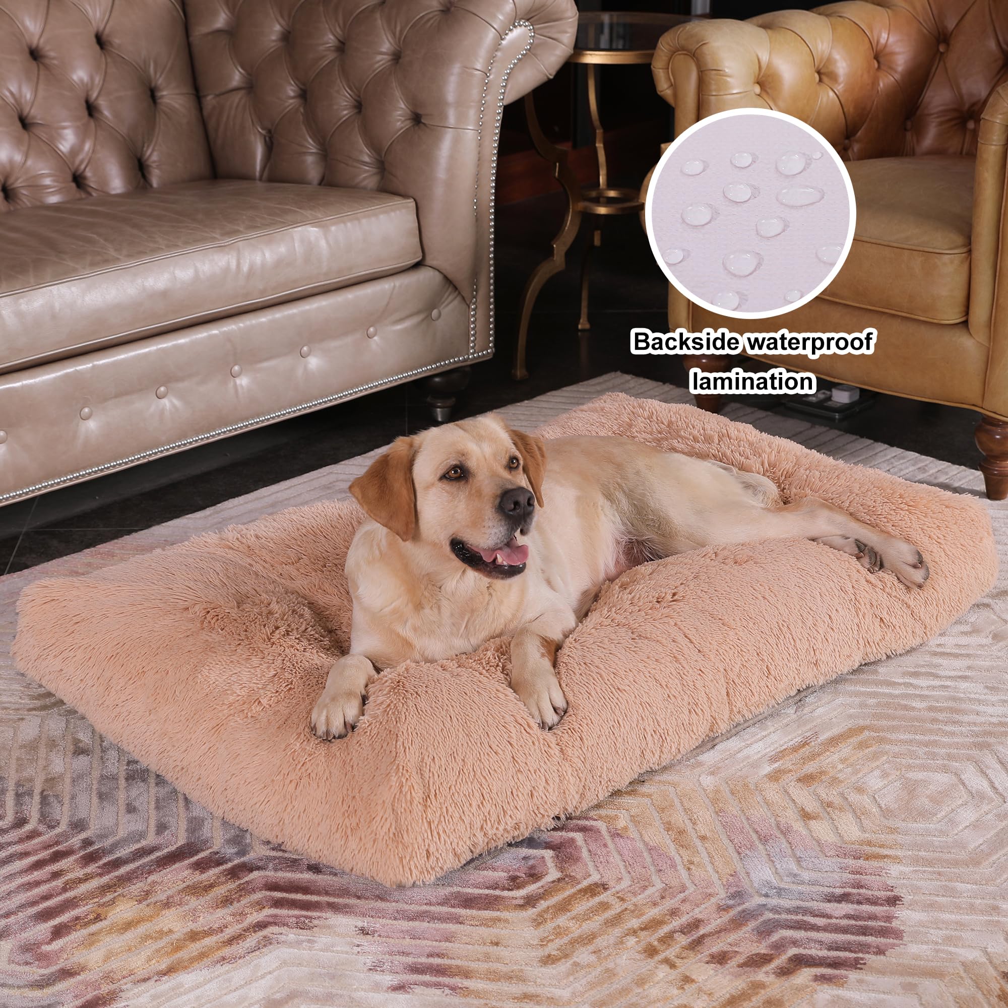 Bedfolks Xxl Dogs Crate Bed, Plush Washable Faux Fur Pad, Waterproof, 47''X29'', Solid Camel