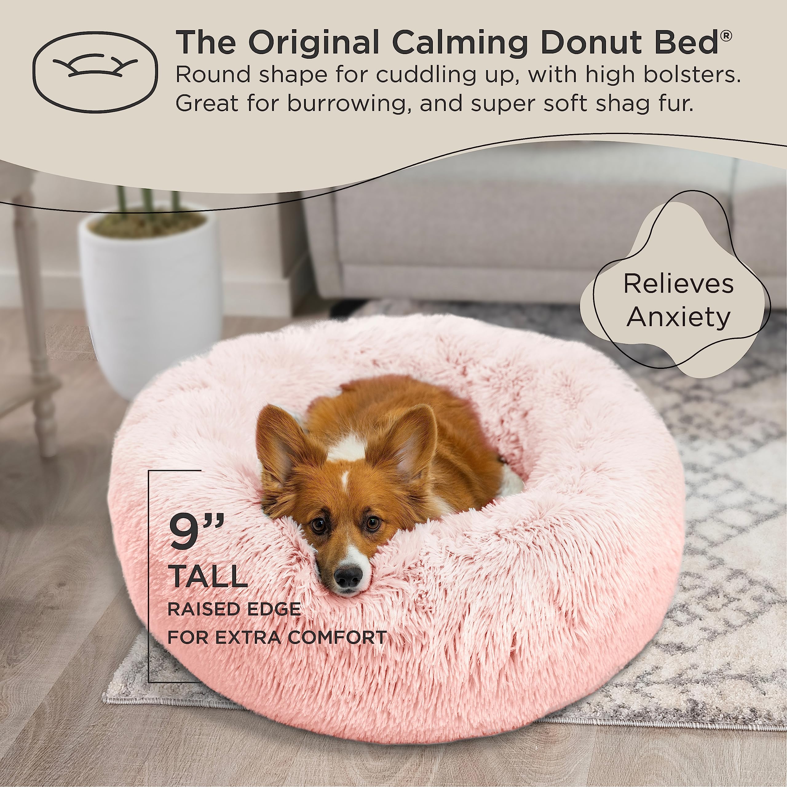 Best Friends By Sheri The Original Calming Donut Dog And Cat Bed In Shag Fur, Candy Pink, Medium, 30X30