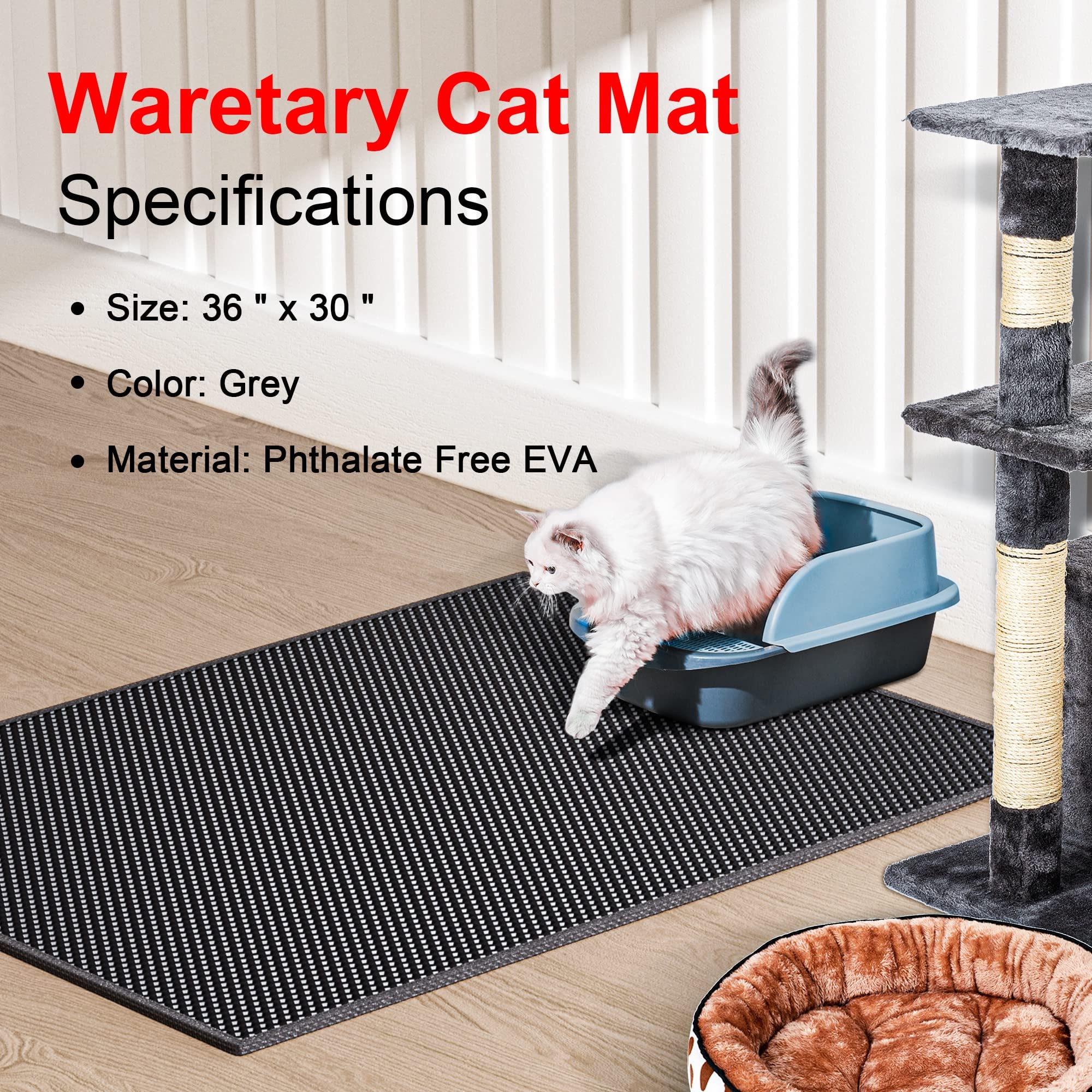 Waretary Cat Litter Mat 36'X 30', Kitty Pretty Litter Box Trapping Mat, Extra Large Xl Honeycomb Double Scatter Control Layer Mat, Urine & Waterproof, Washable, Easy Clean, Phthalate Free, Black