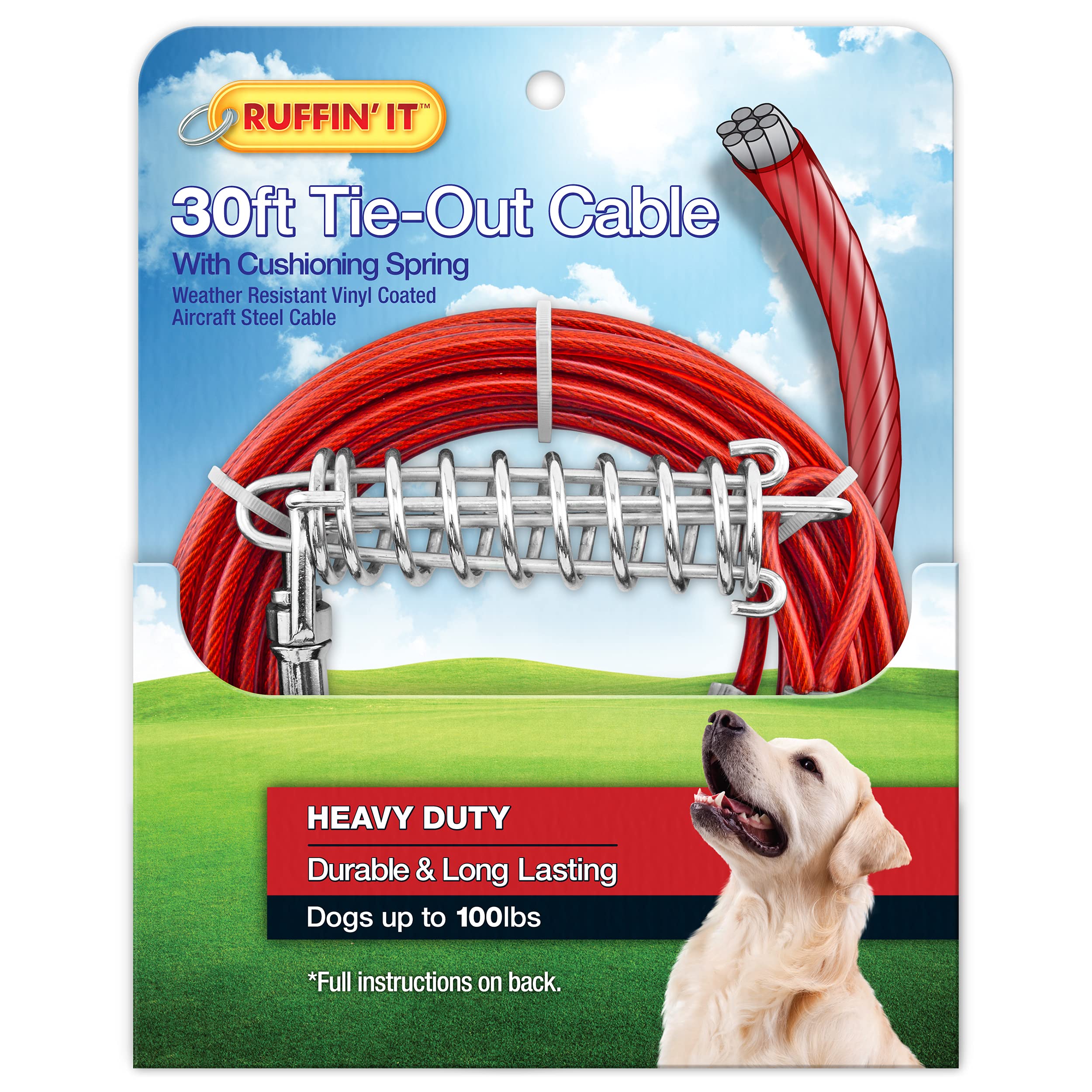 Ruffin' It Heavy Duty 30 Ft. Cable Tie-Out For Dogs, 1700# Strength For Dogs Up To 100 Lbs., 30Ft Cable, Mutli