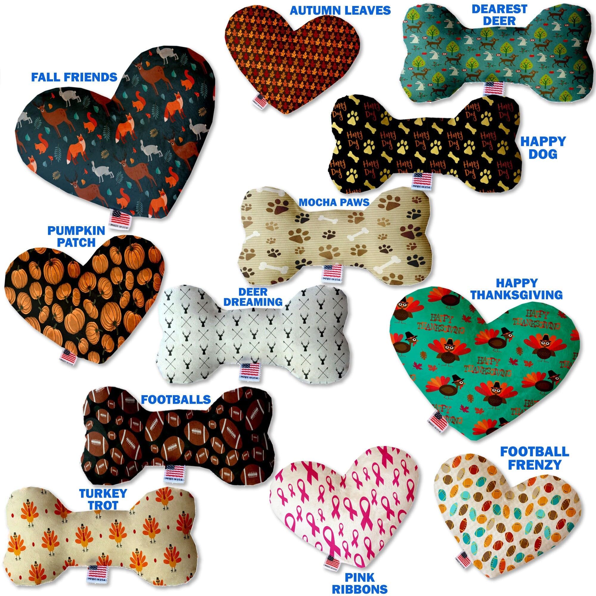 Pet and Dog Plush Heart or Bone Toy, "Fall Harvest Group" (Available in different sizes, and 12 different pattern options!) Football Frenzy 8" Plush Heart
