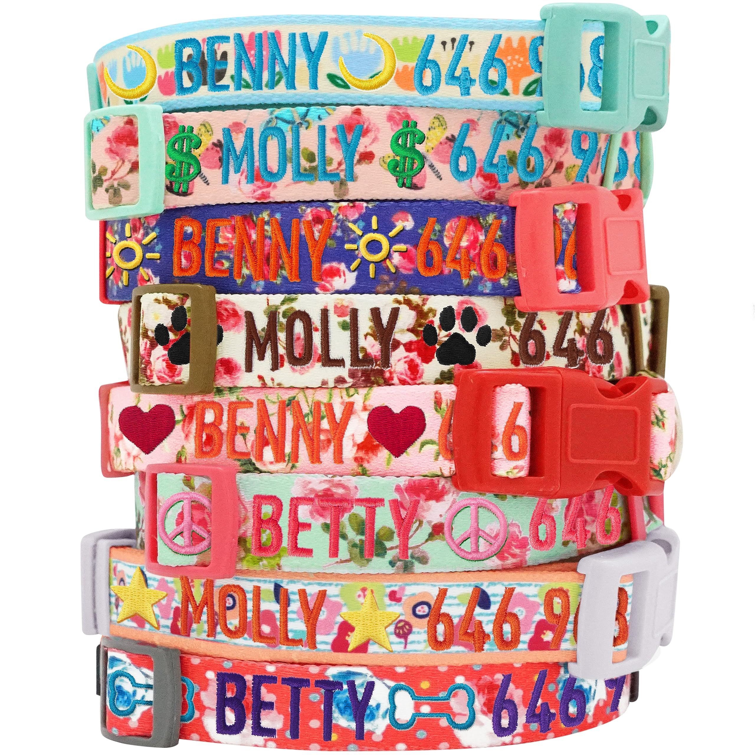 Blueberry Pet 8 Patterns Personalized Customized Adjustable Id Dog Collar, Spring Scent Rose Floral, Turquoise, Small, Embroidered With Name & Phone Number