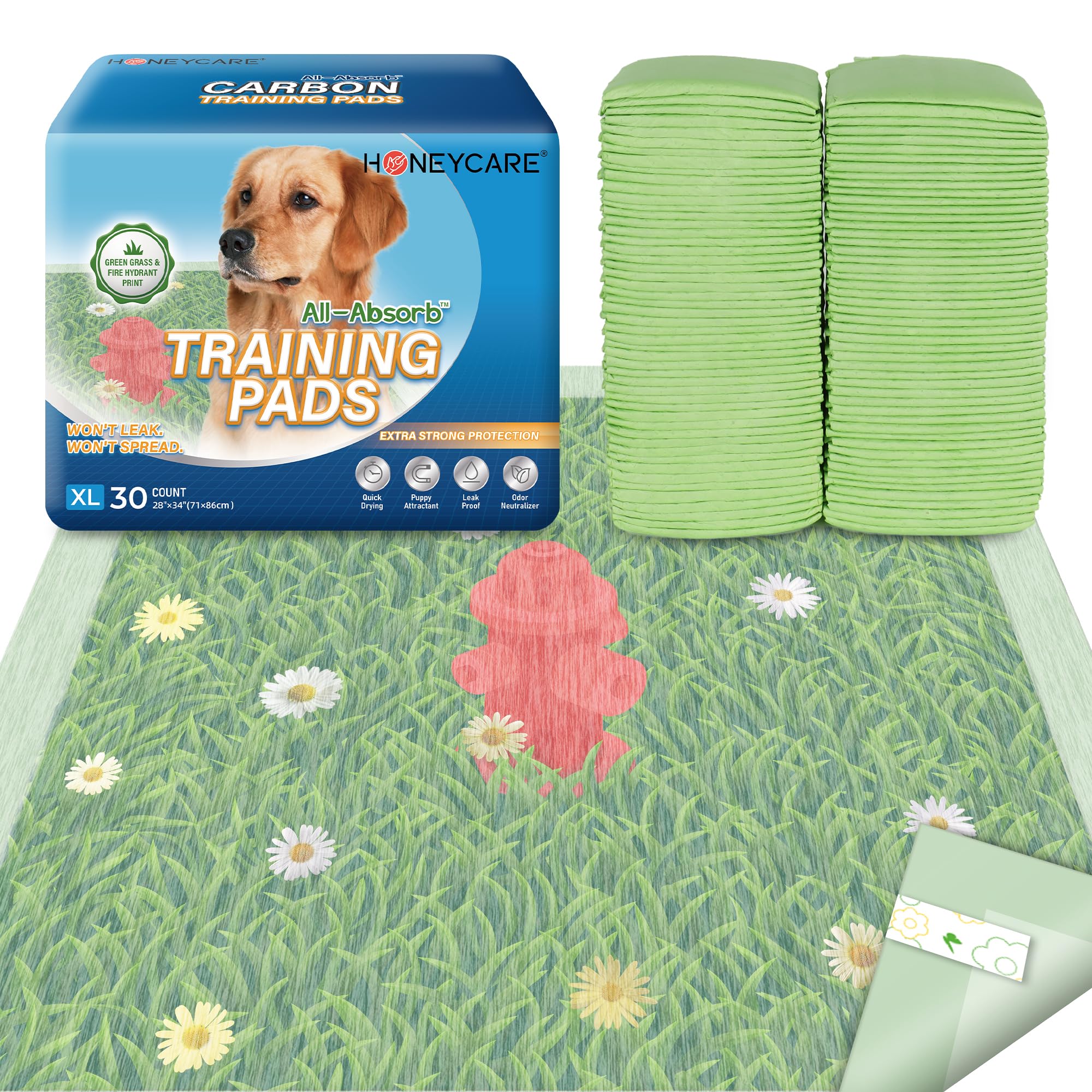 HONEYCARE Dog Training Pads with Grassfield & Fire Hydrant Printing?Eliminating Urine Odor Puppy Pads ? XL Premium Dog Pee Pads 