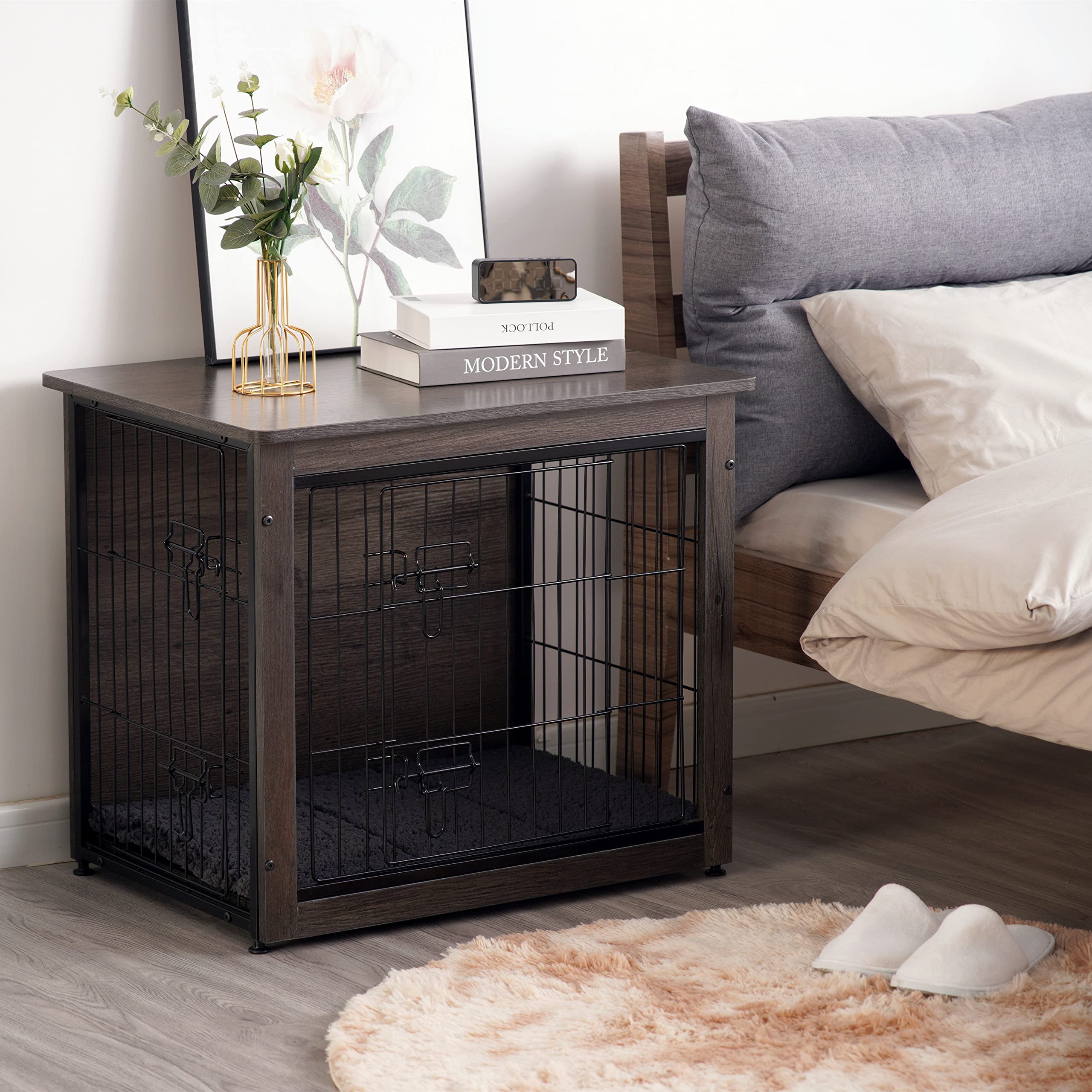 Dwanton Dog Crate Furniture With Cushion, Wooden Crate With Double Doors, Dog Kennel Indoor For Small/Medium/Large Dog, End Table, Small, 27.2' L, Dark Grey