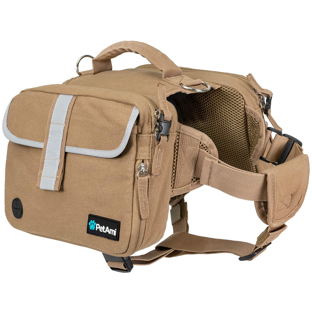 Petami Dog Backpack For Medium Large Dogs, Dog Saddle Bag For Dogs To Wear, Tactical Harness Saddlebag With Reflective Safety Side Pockets For Hiking, Camping, Vest Dog Pack For Travel (Tan, Large)