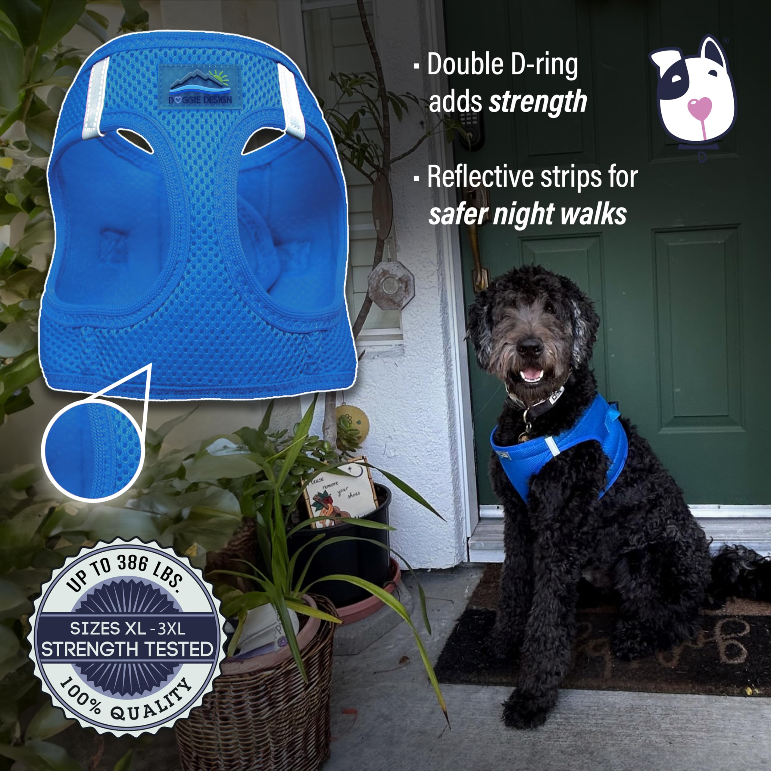 Doggie Design Dog Harness - No Choke Dog Harness, Dog Vest, Mesh Polyester, Pet Harness, Simple Design, Harness For Dog - Cobalt