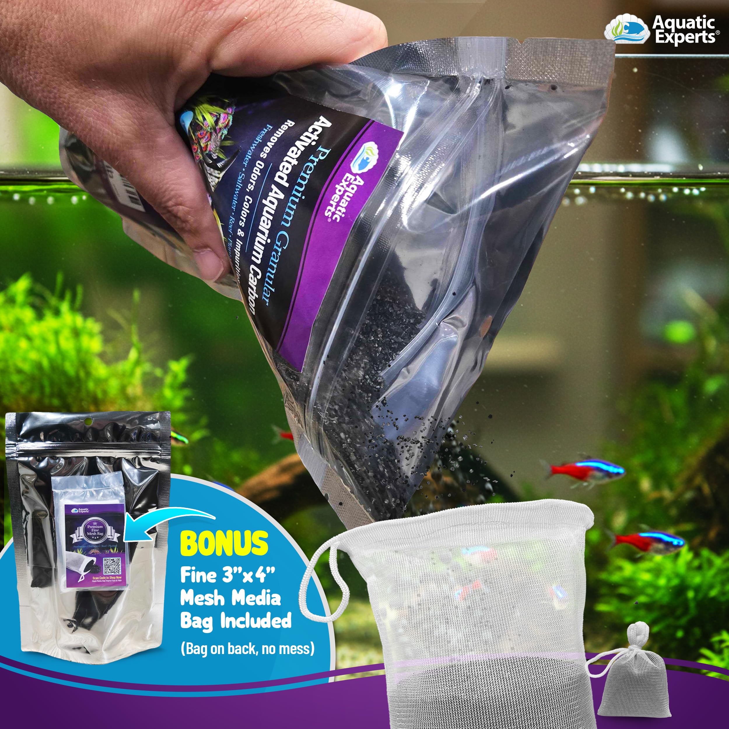 Premium Activated Carbon - Aquarium Carbon Media - Charcoal For Fish Tanks - Aquarium Filter Charcoal Media (Granulated, 1 Lbs With Fine Mesh Bag)